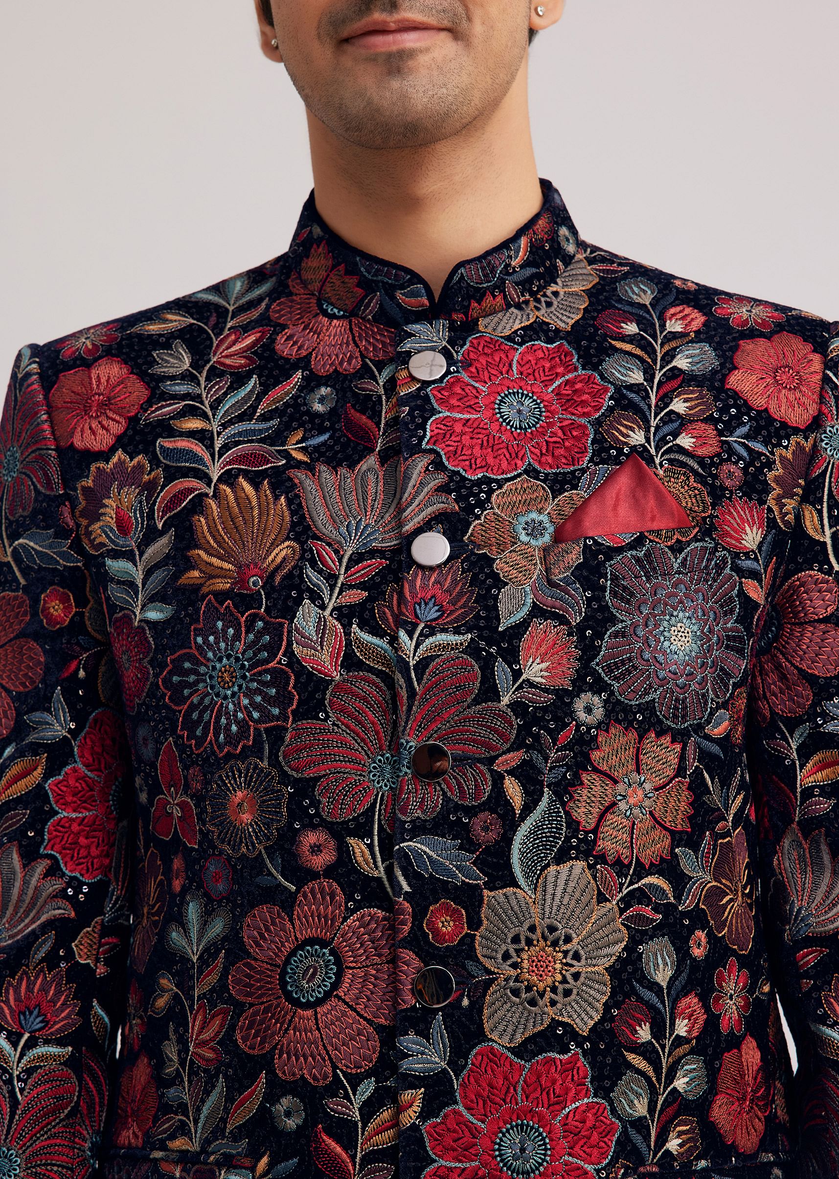 Multi Velvet Jodhpuri Set With Floral Embroidery - Image 2