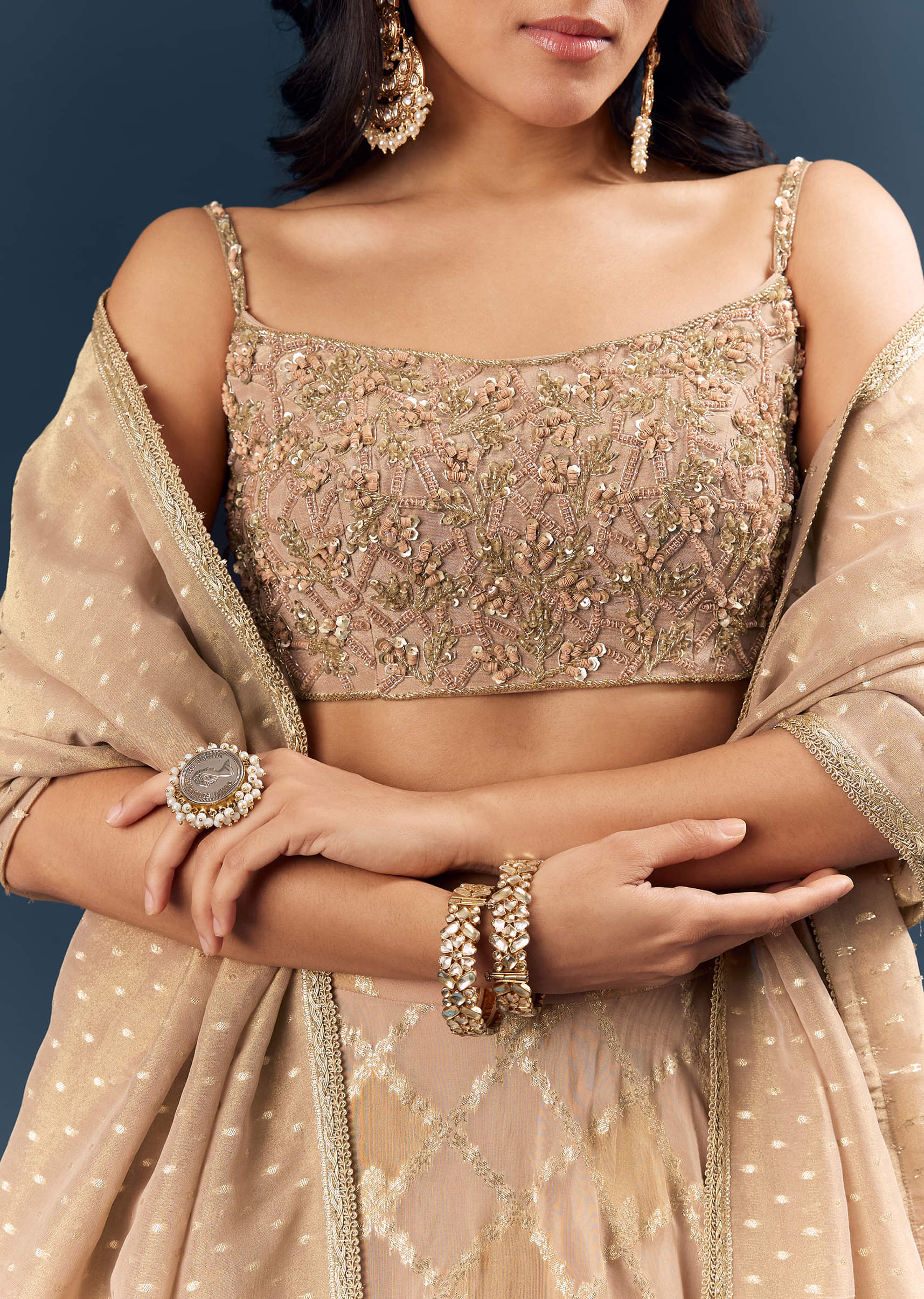Copper Banarasi Silk Bridesmaid Lehenga With Heavy Hand Embroidery - Image 3