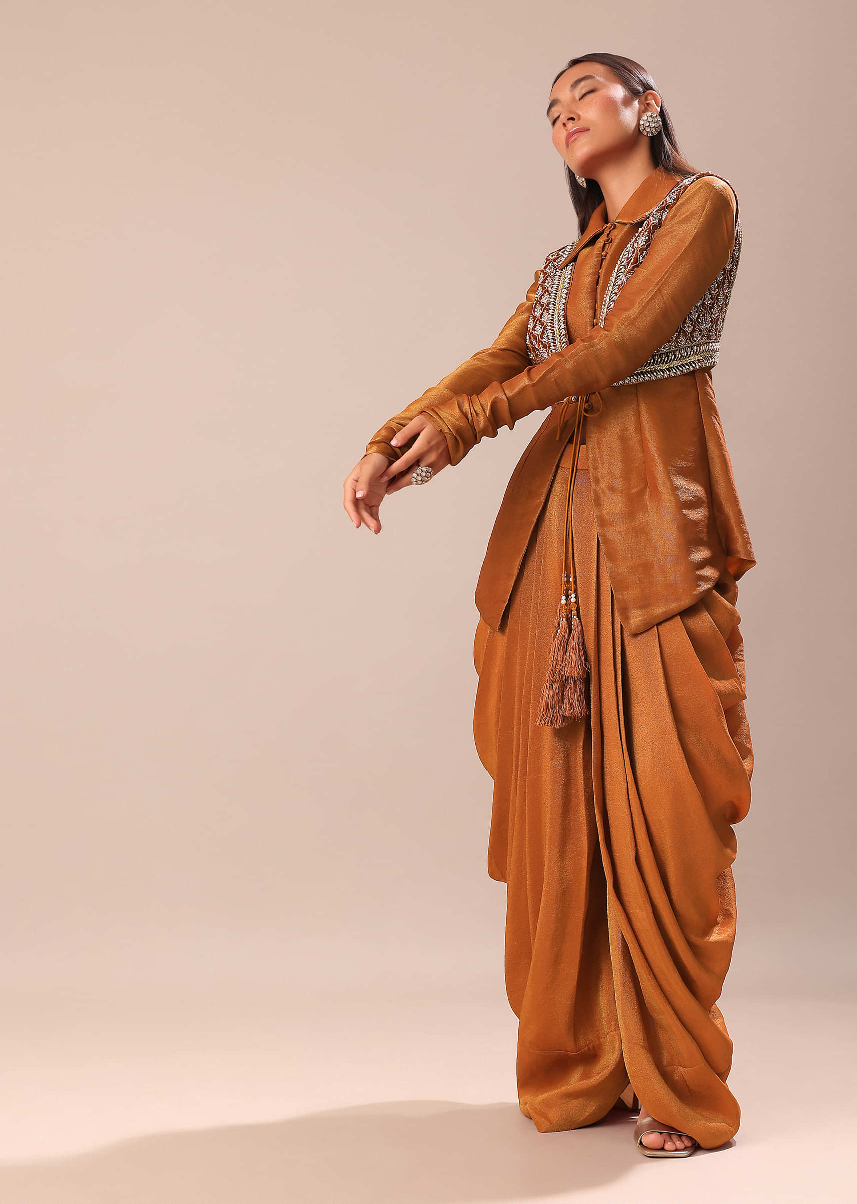 Copper Brown Kurta With Embroidered Jacket And Dhoti - Image 3