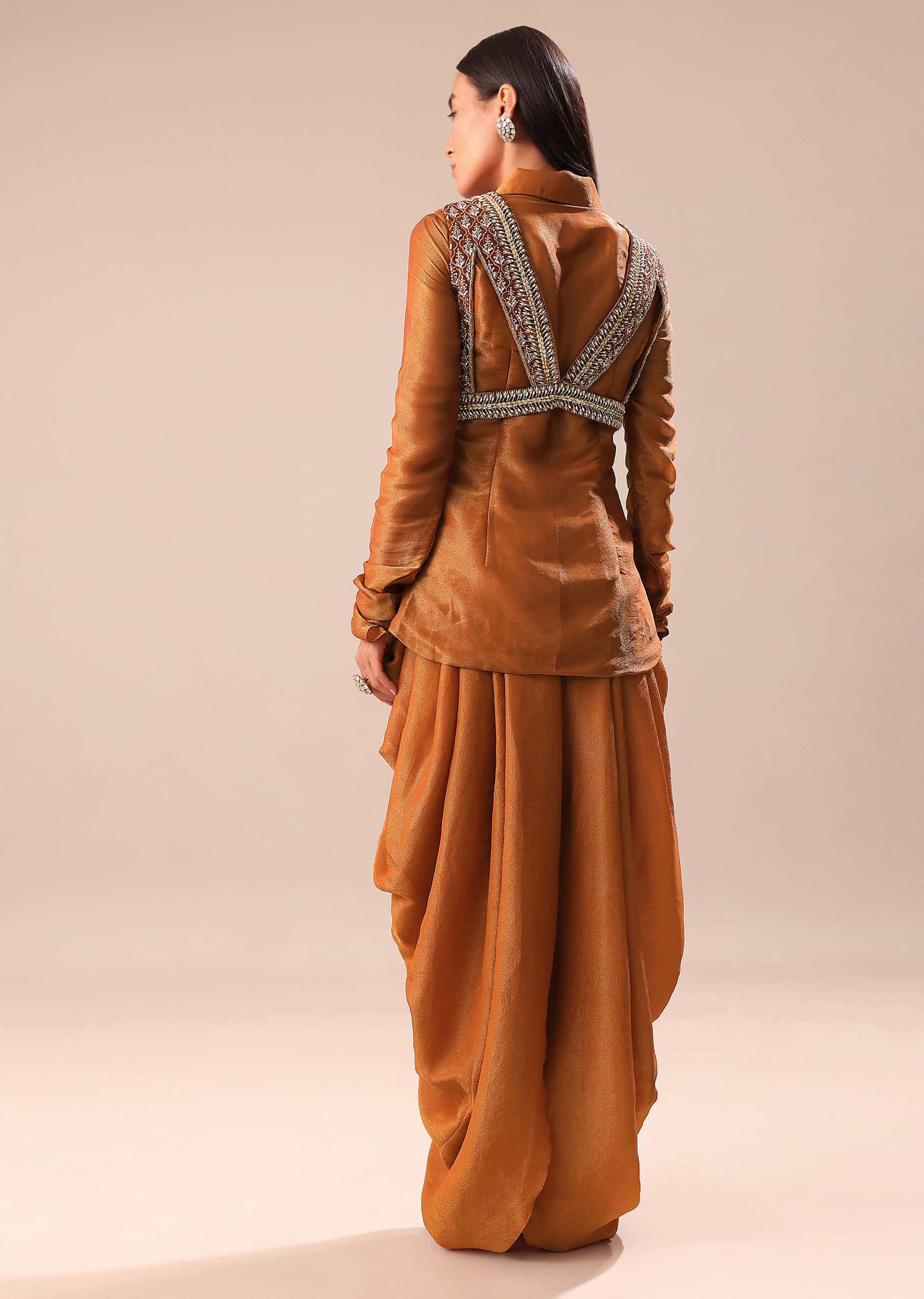 Copper Brown Kurta With Embroidered Jacket And Dhoti - Image 5