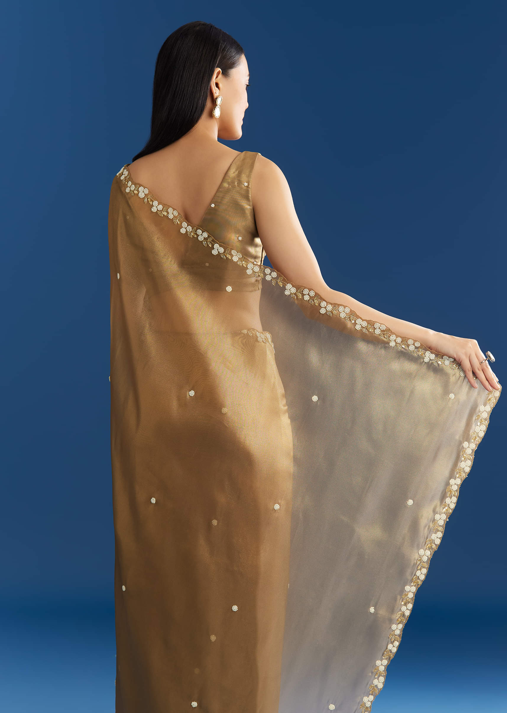 Copper Brown Organza Tissue Saree With Beaded Border - Image 4