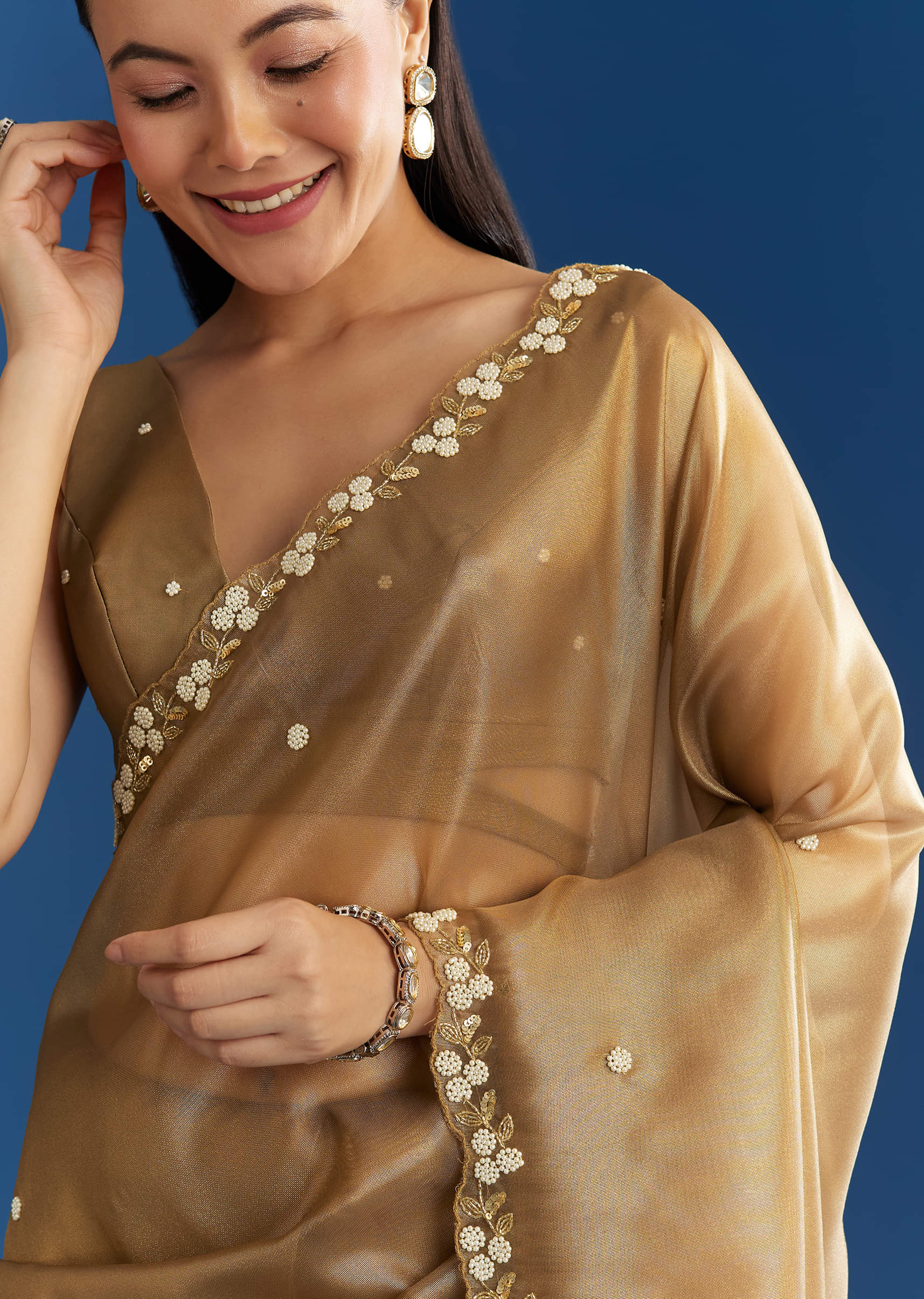 Copper Brown Organza Tissue Saree With Beaded Border - Image 5