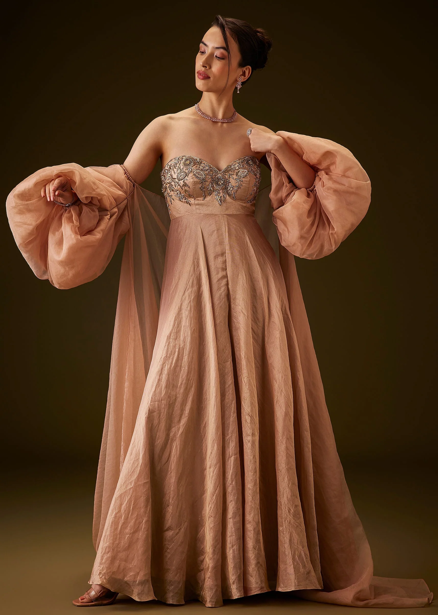 Copper Embroidered Bodice Jumpsuit With Puff Sleeve Jacket