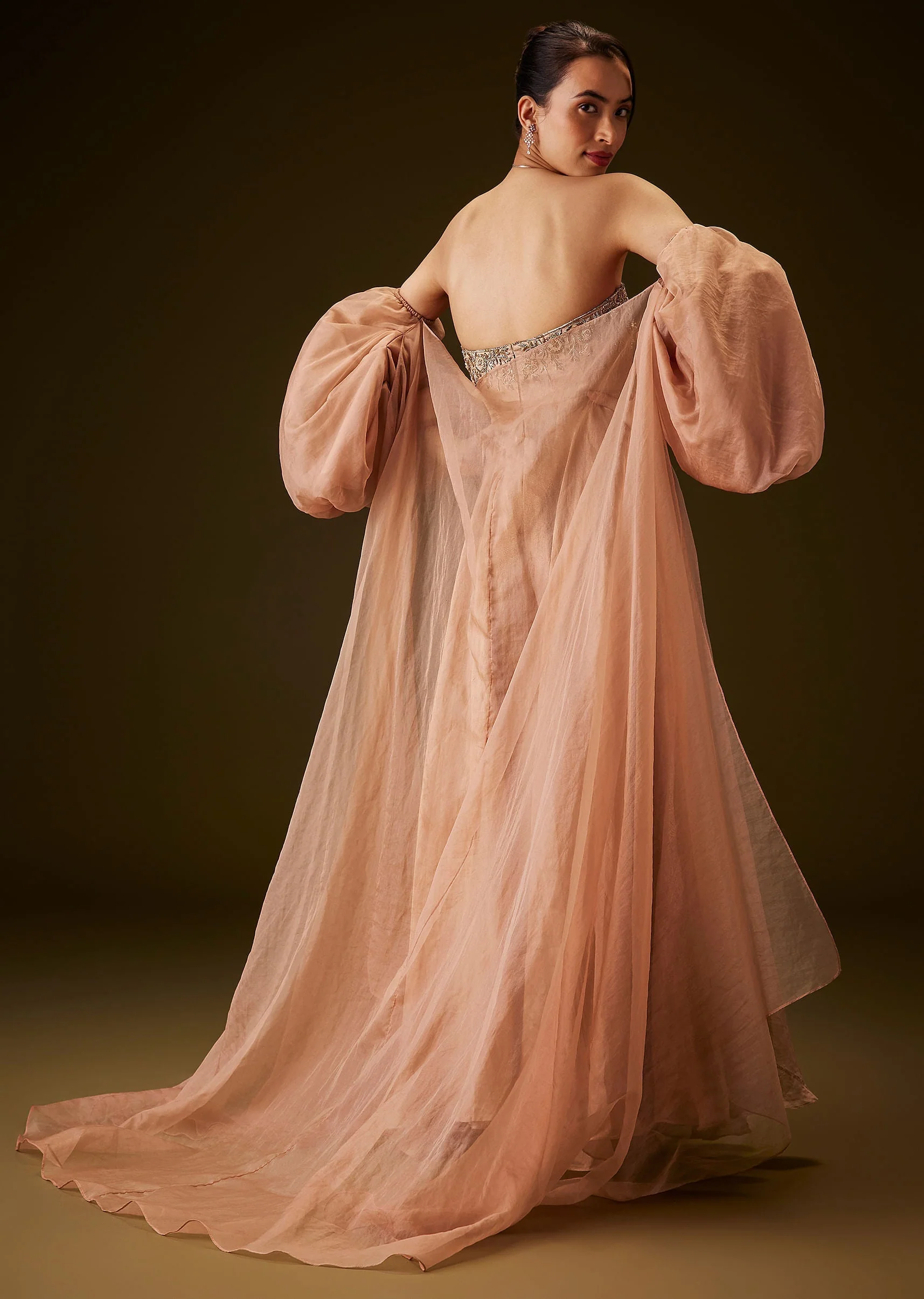Copper Embroidered Bodice Jumpsuit With Puff Sleeve Jacket - Image 5