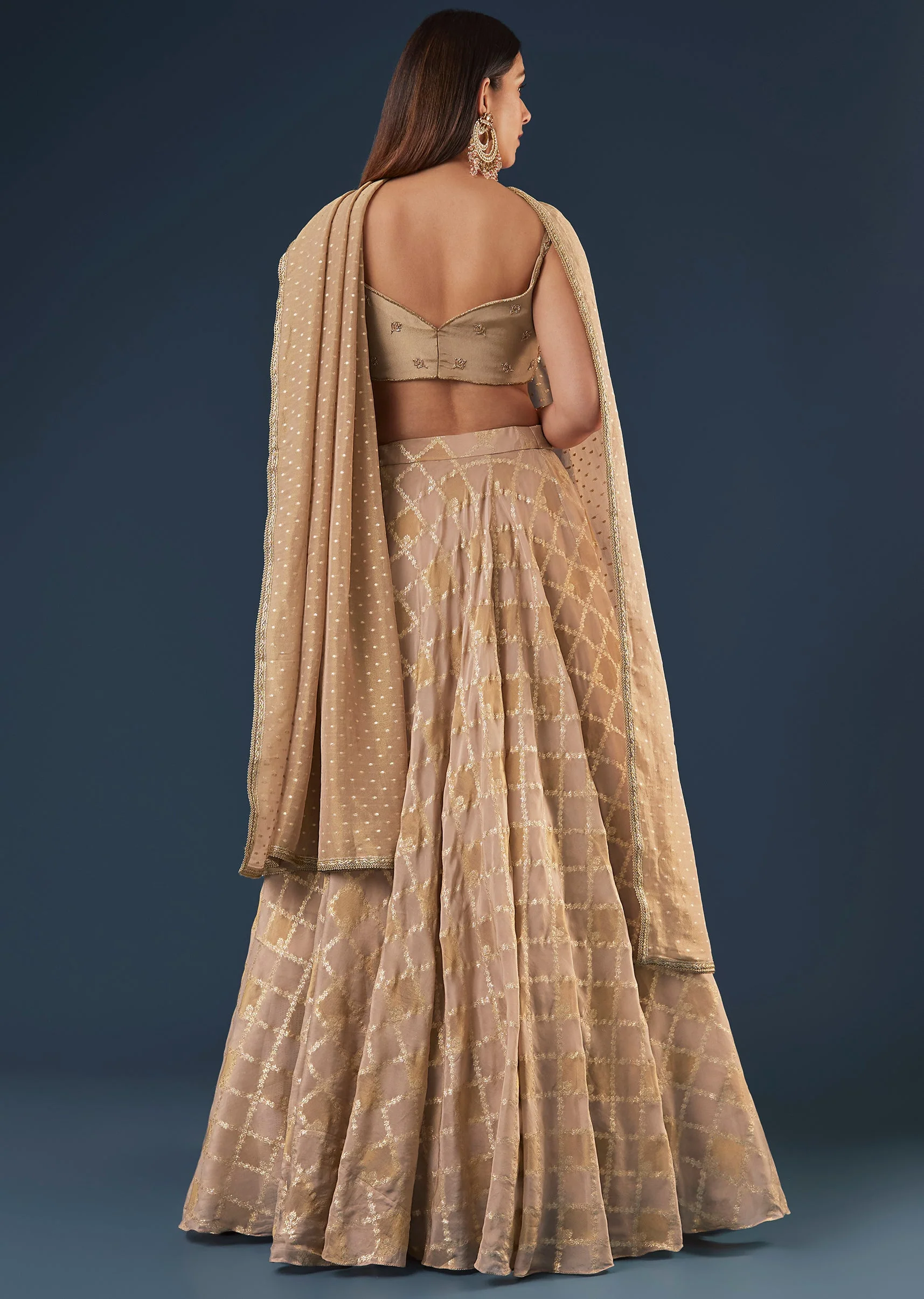 Copper Gold Banarasi Lehenga Set With Square Neck Blouse - Image 2