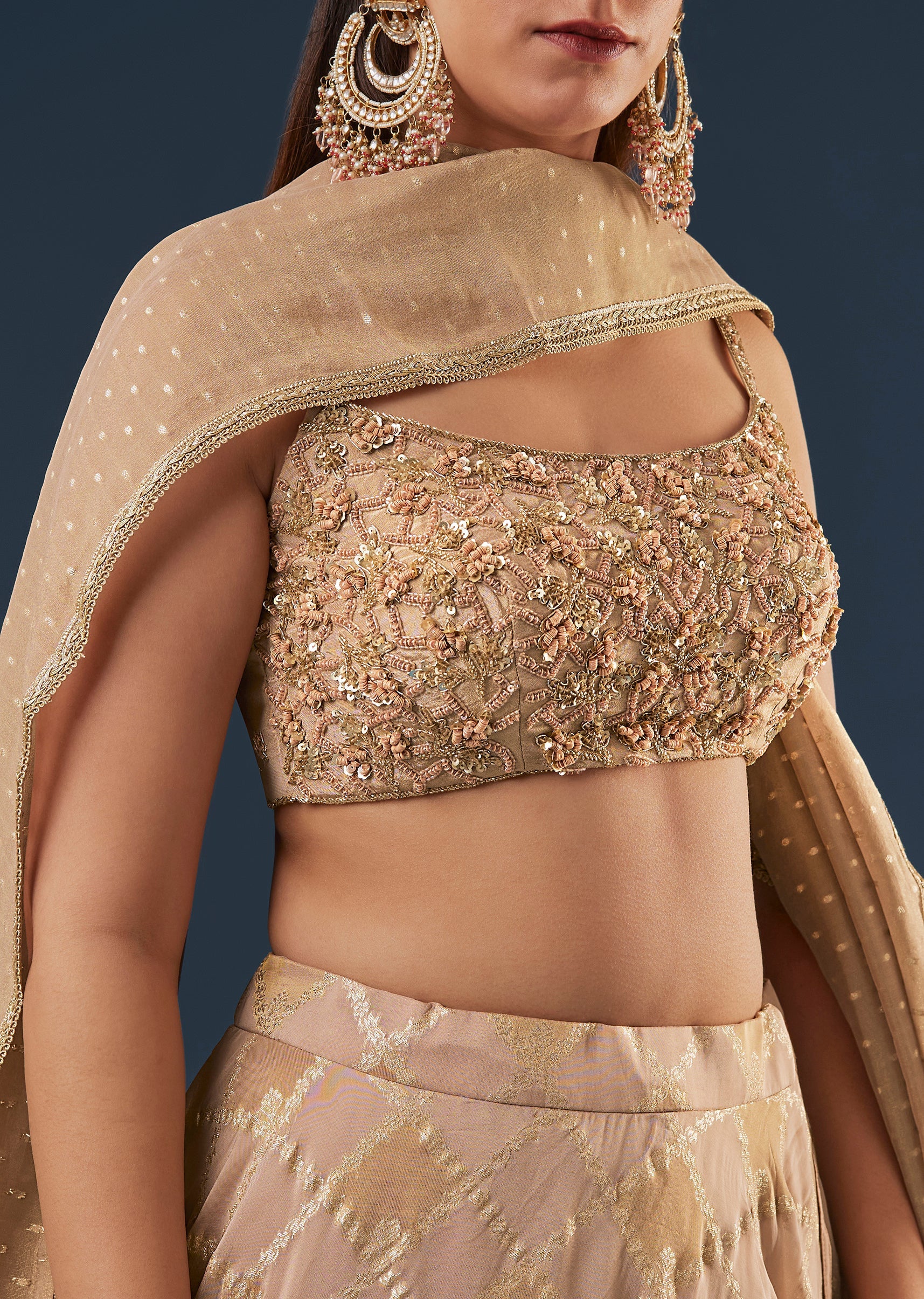 Copper Gold Banarasi Lehenga Set With Square Neck Blouse - Image 3