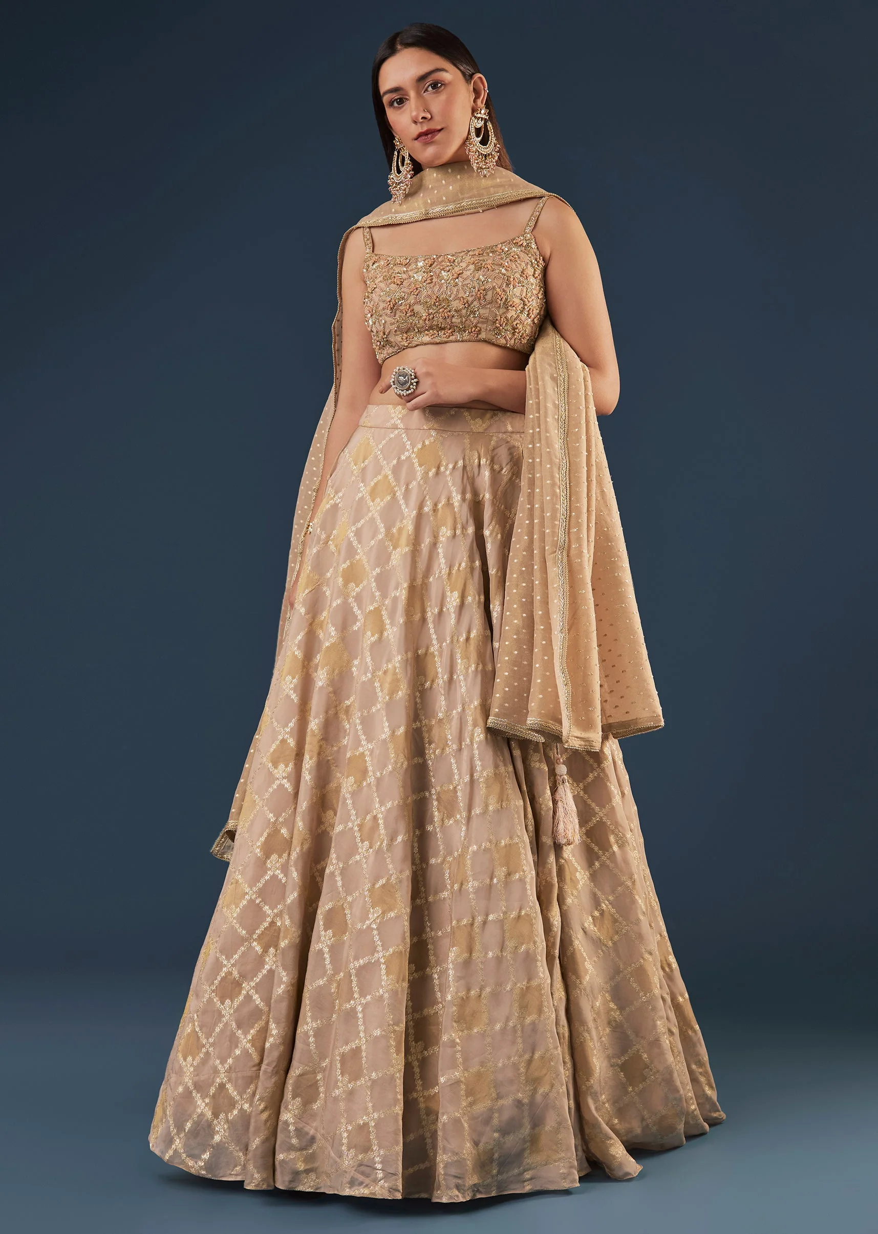 Copper Gold Banarasi Lehenga Set With Square Neck Blouse - Image 4