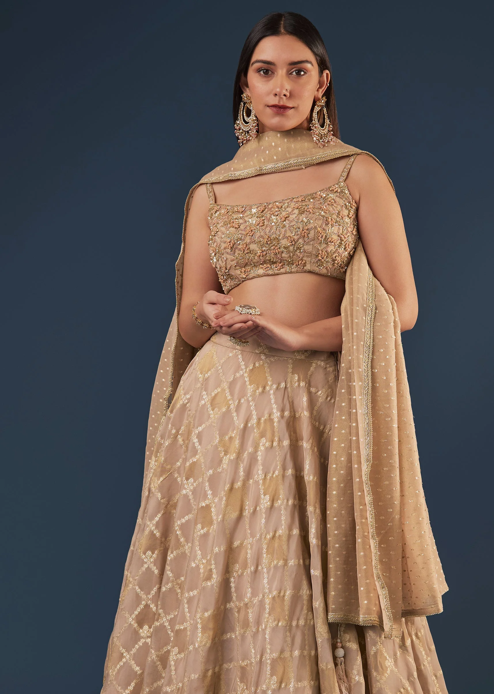 Copper Gold Banarasi Lehenga Set With Square Neck Blouse - Image 5