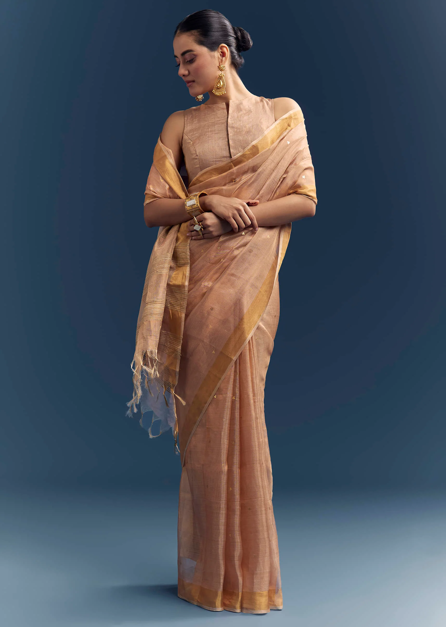 Copper Tissue Organza Woven Saree With Golden Zari Work