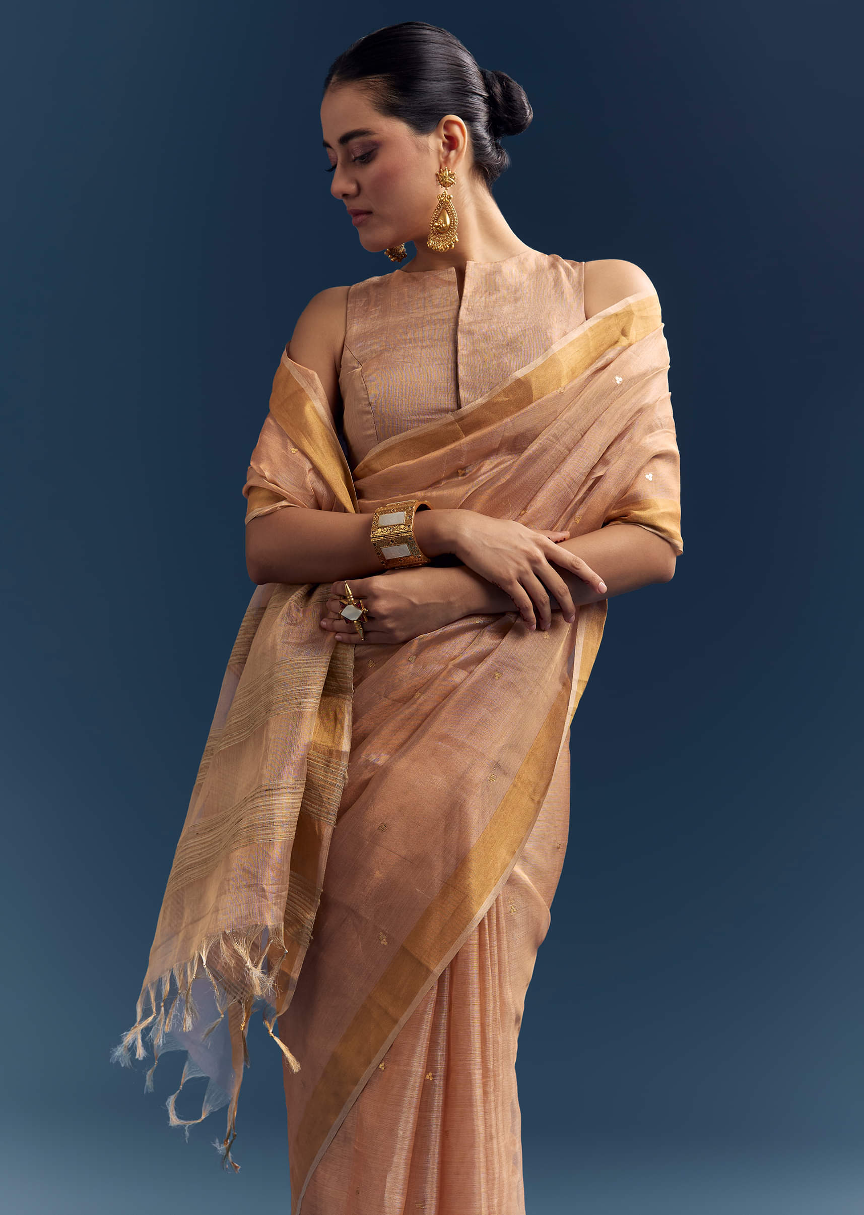 Copper Tissue Organza Woven Saree With Golden Zari Work - Image 5