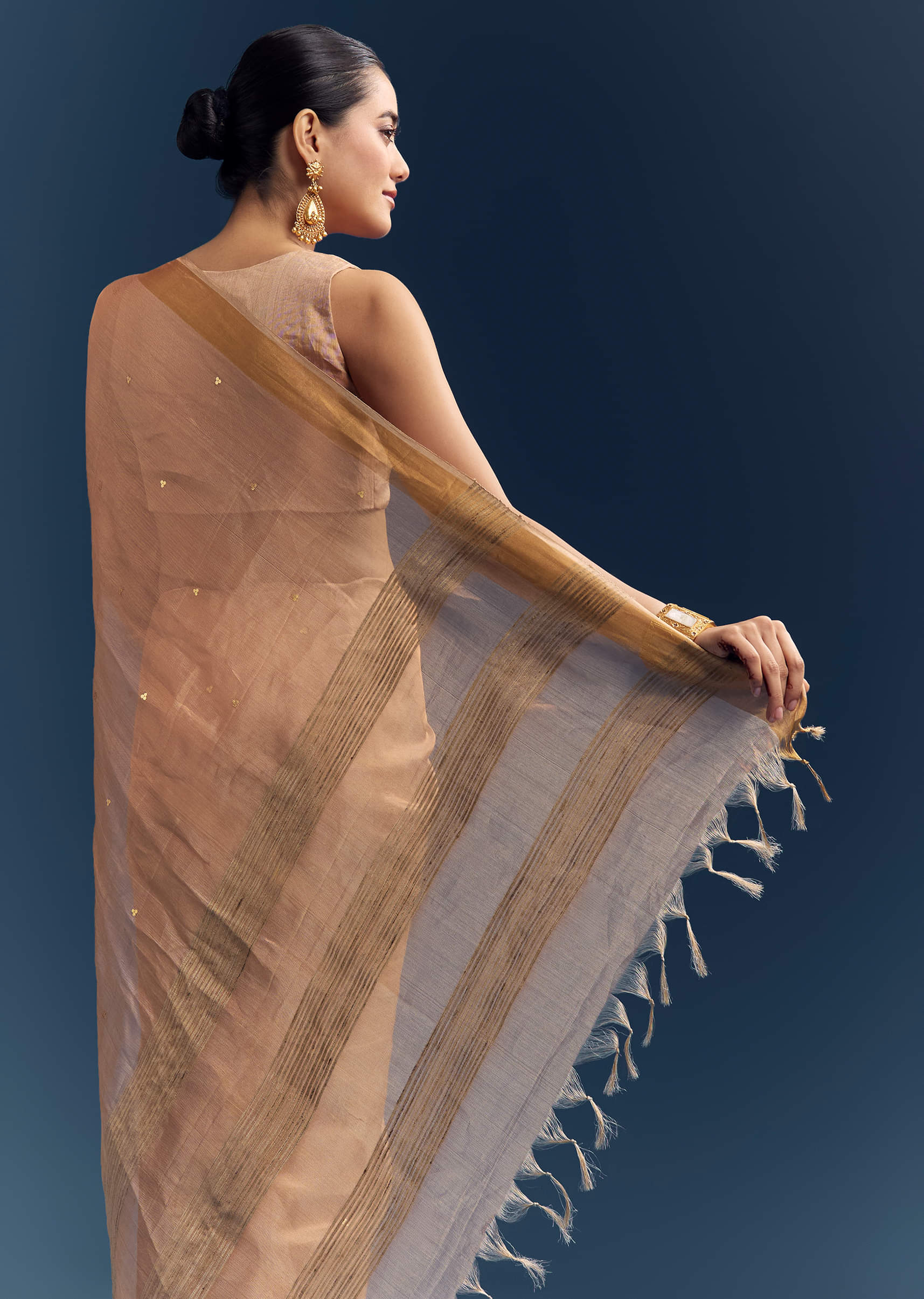 Copper Tissue Organza Woven Saree With Golden Zari Work - Image 6