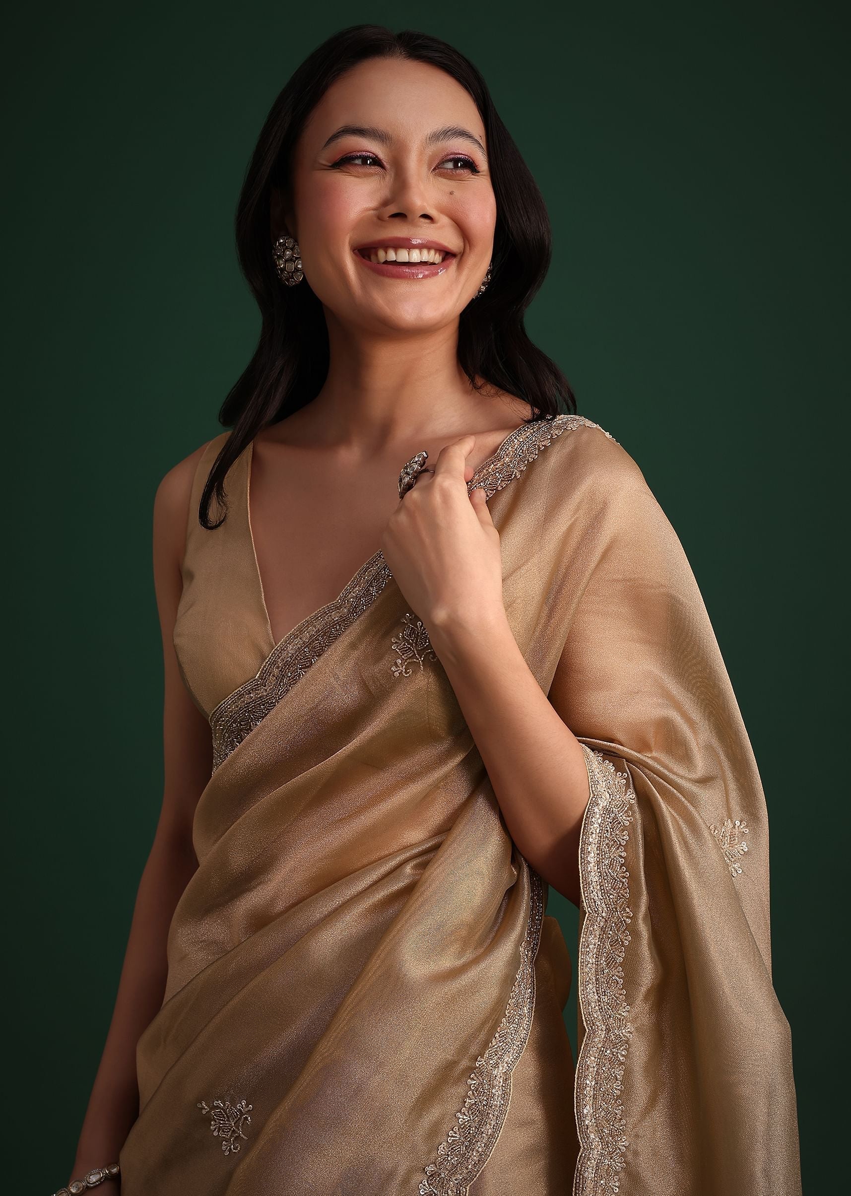 Copper Tissue Saree With Cutdana And Stone Embroidery - Image 2