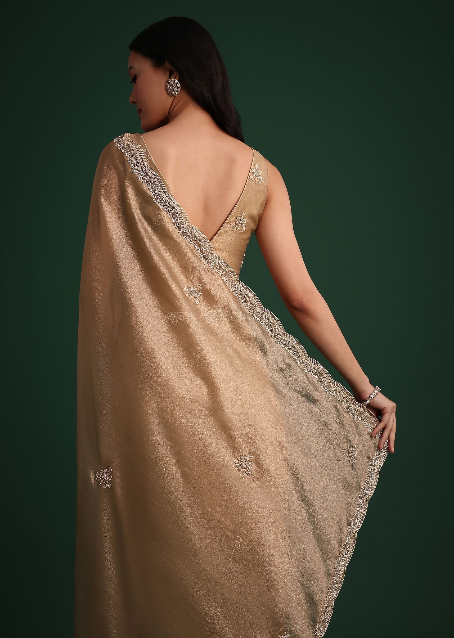 Copper Tissue Saree With Cutdana And Stone Embroidery - Image 4