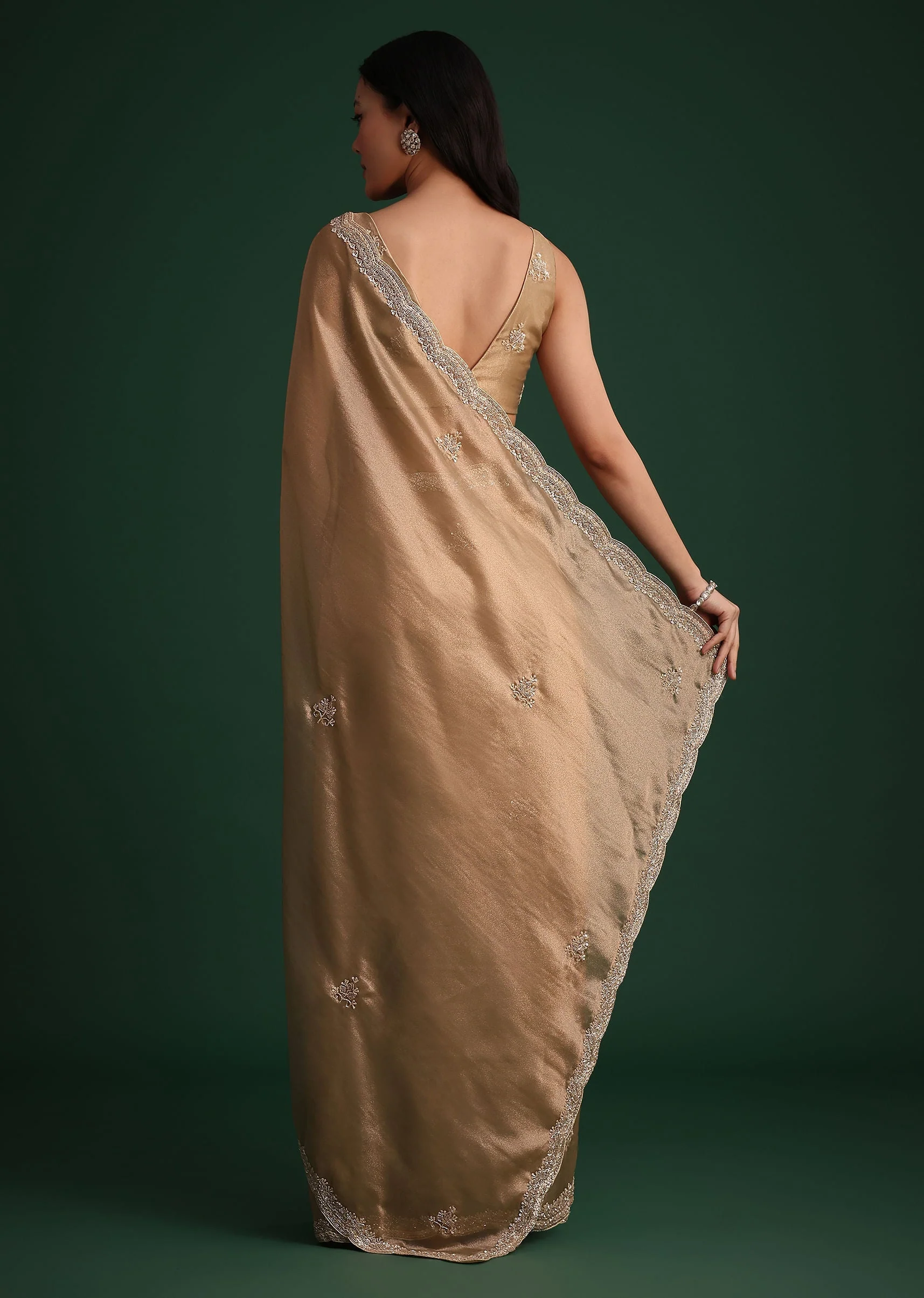 Copper Tissue Saree With Cutdana And Stone Embroidery - Image 6