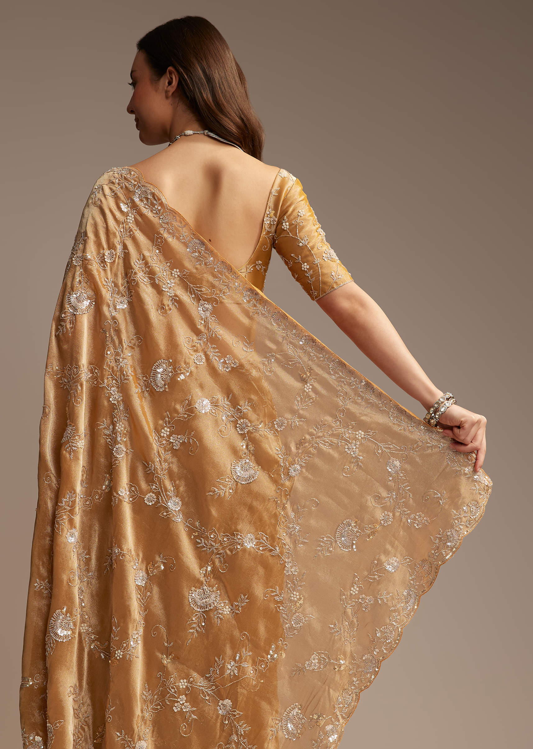 Copper Tissue Saree with Heavy Floral Embroidery - Image 3