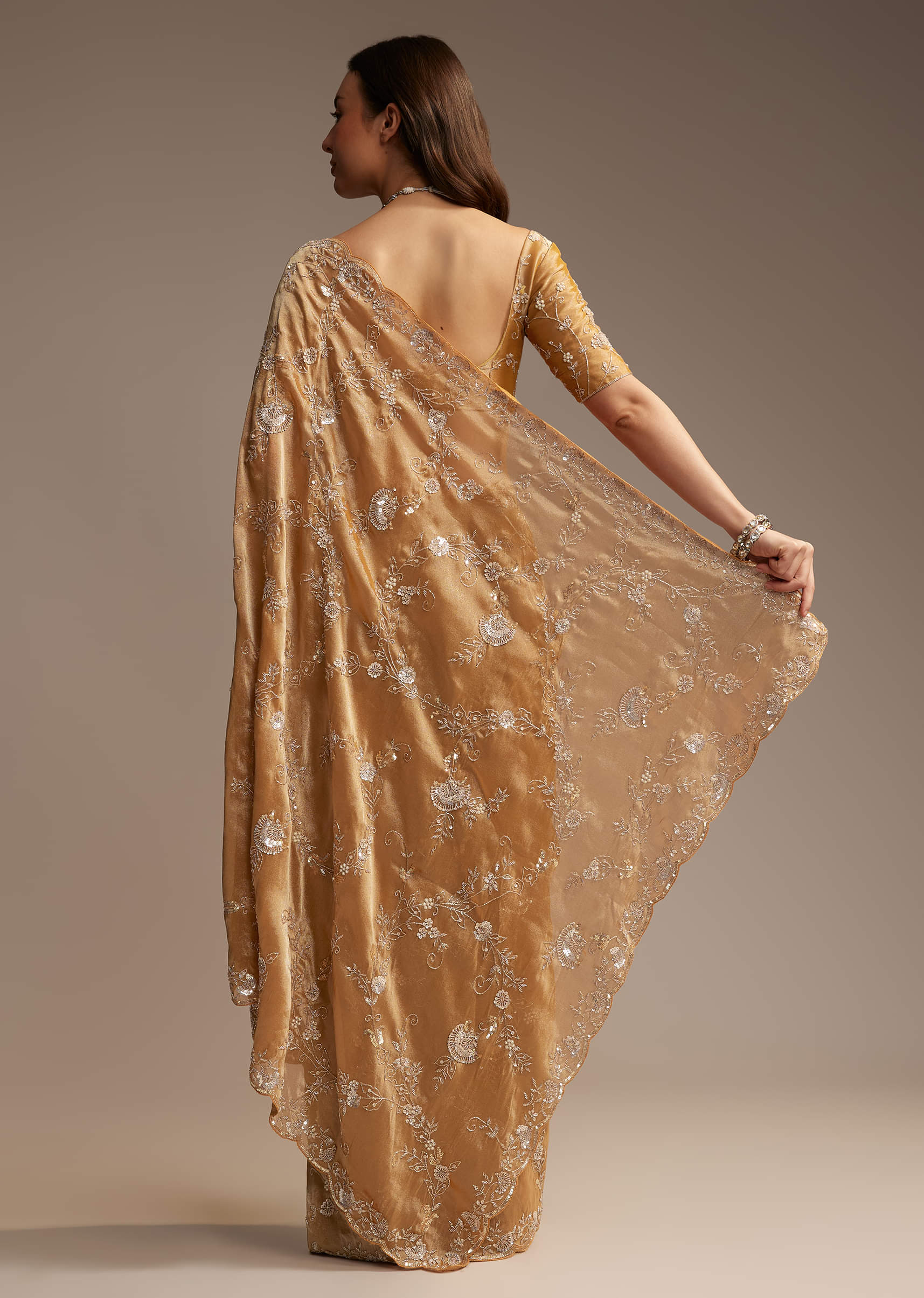 Copper Tissue Saree with Heavy Floral Embroidery - Image 5