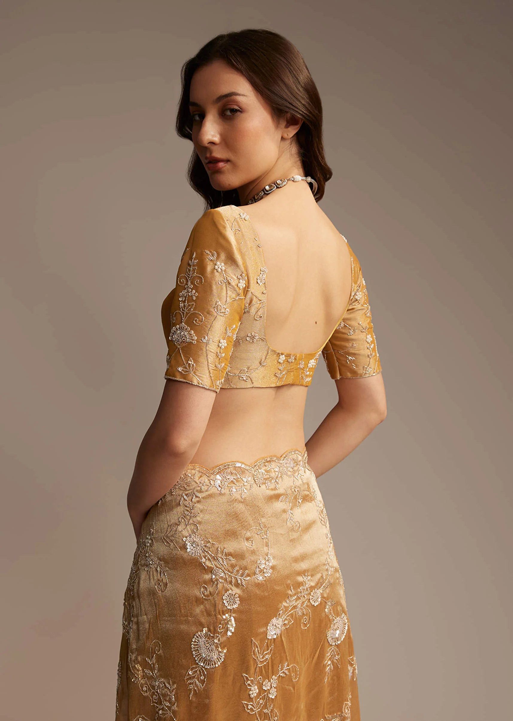 Copper Tissue Saree with Heavy Floral Embroidery - Image 7
