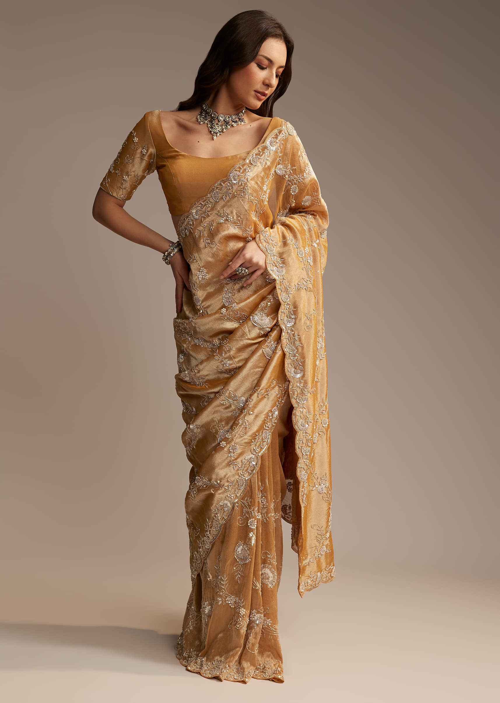 Copper Tissue Saree with Heavy Floral Embroidery - Image 9