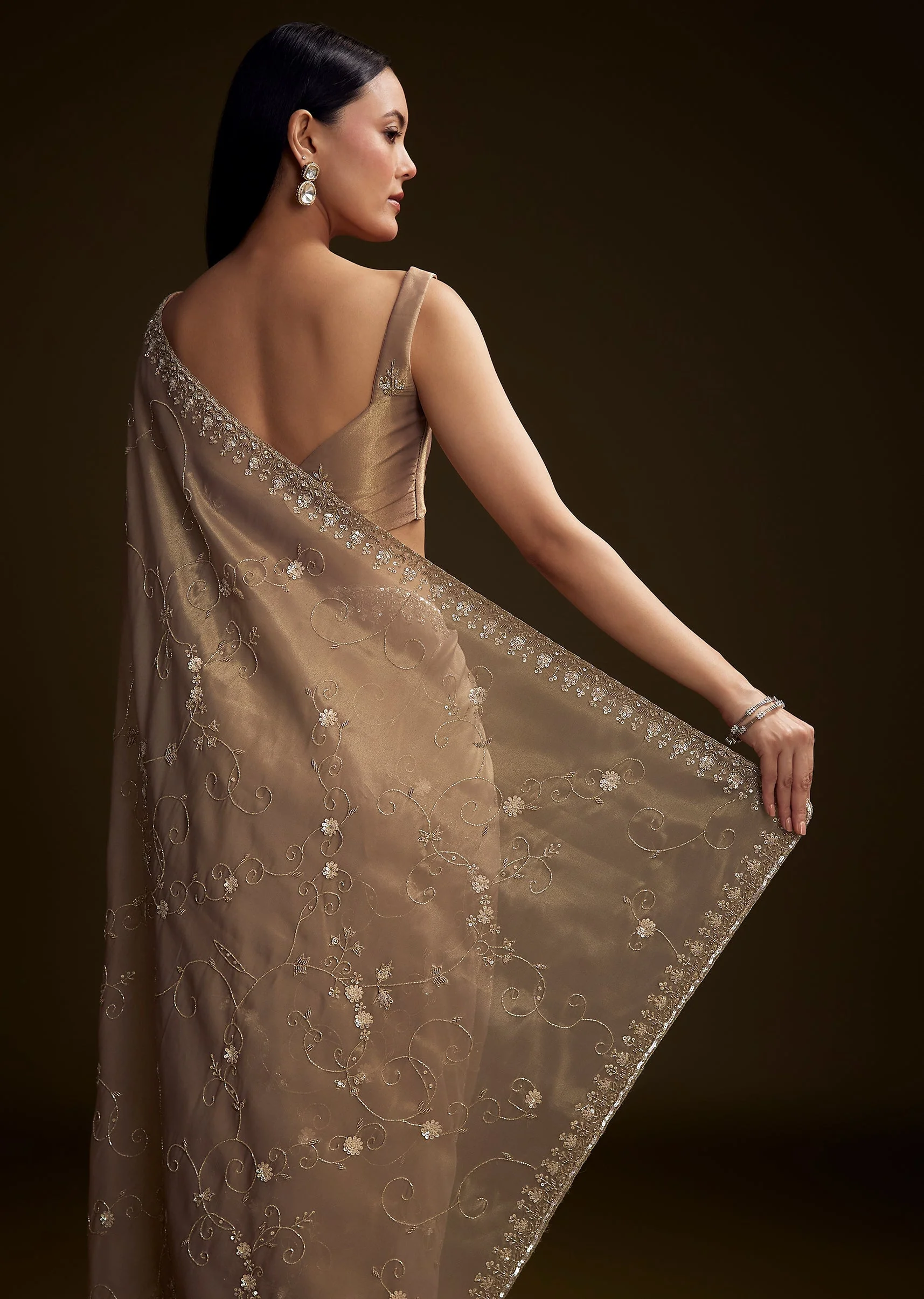 Copper Tissue Saree With Heavy Floral Hand Embroidery - Image 6