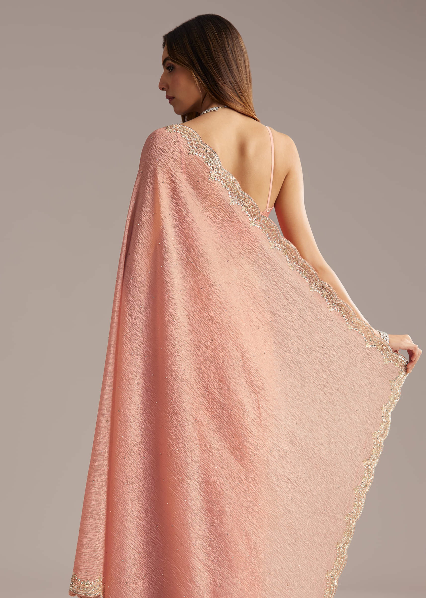 Copper Tissue Saree With Scallop Border And Sequin Embroidery - Image 5
