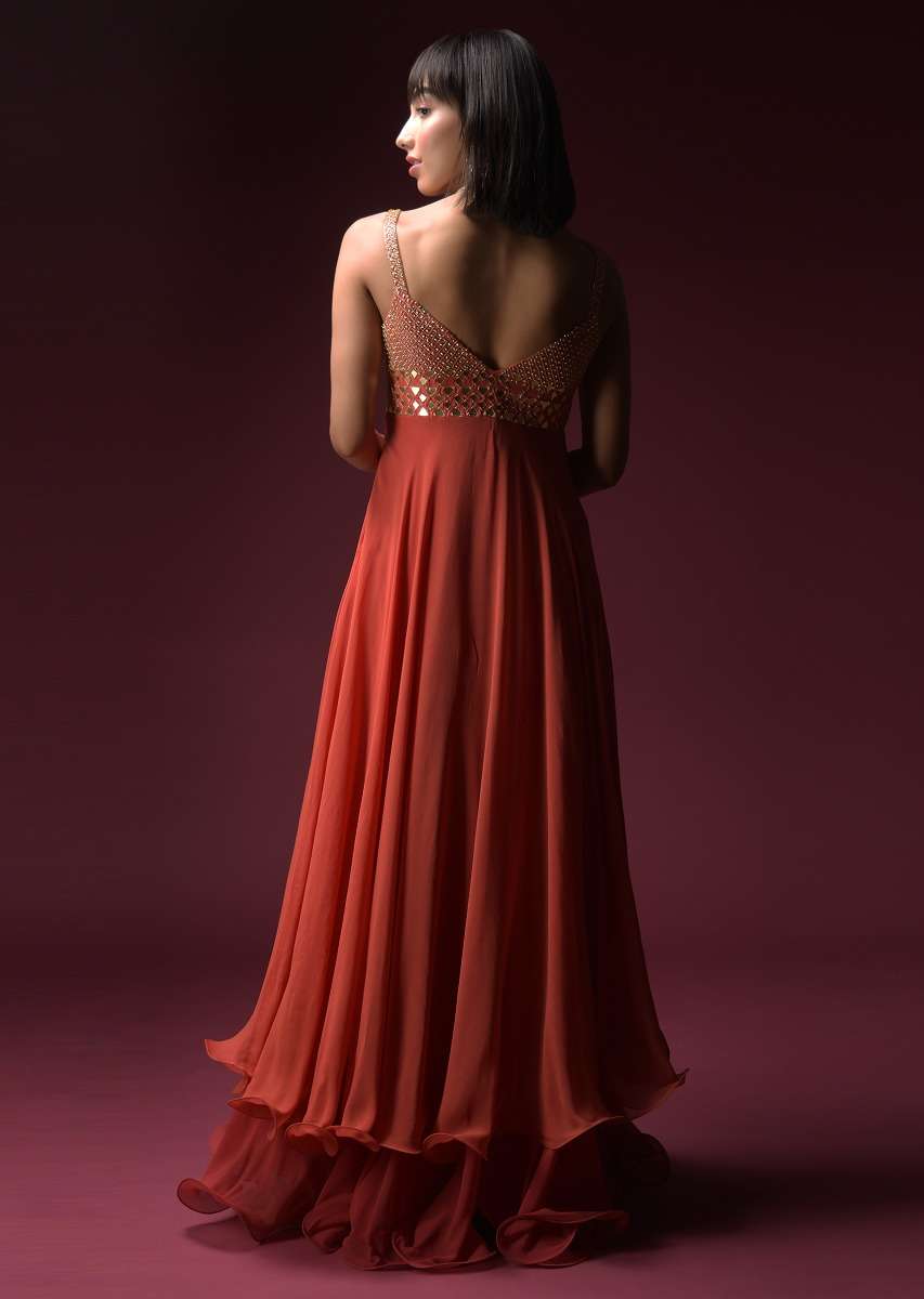 Coral Anarkali Suit With Geometric Shaped Mirror Accented Bodice And Fun Layered Hemline - Image 5