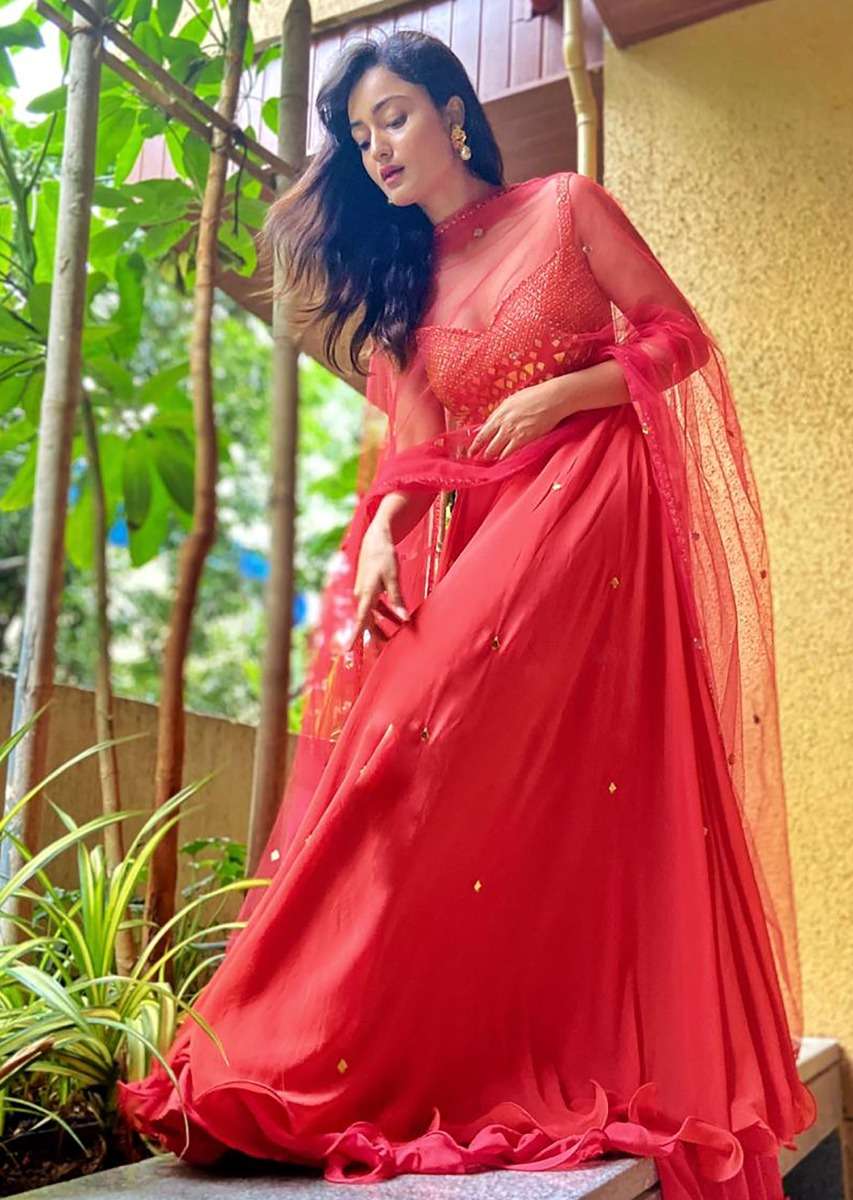 Coral Anarkali Suit With Geometric Shaped Mirror Accented Bodice And Fun Layered Hemline - Image 7