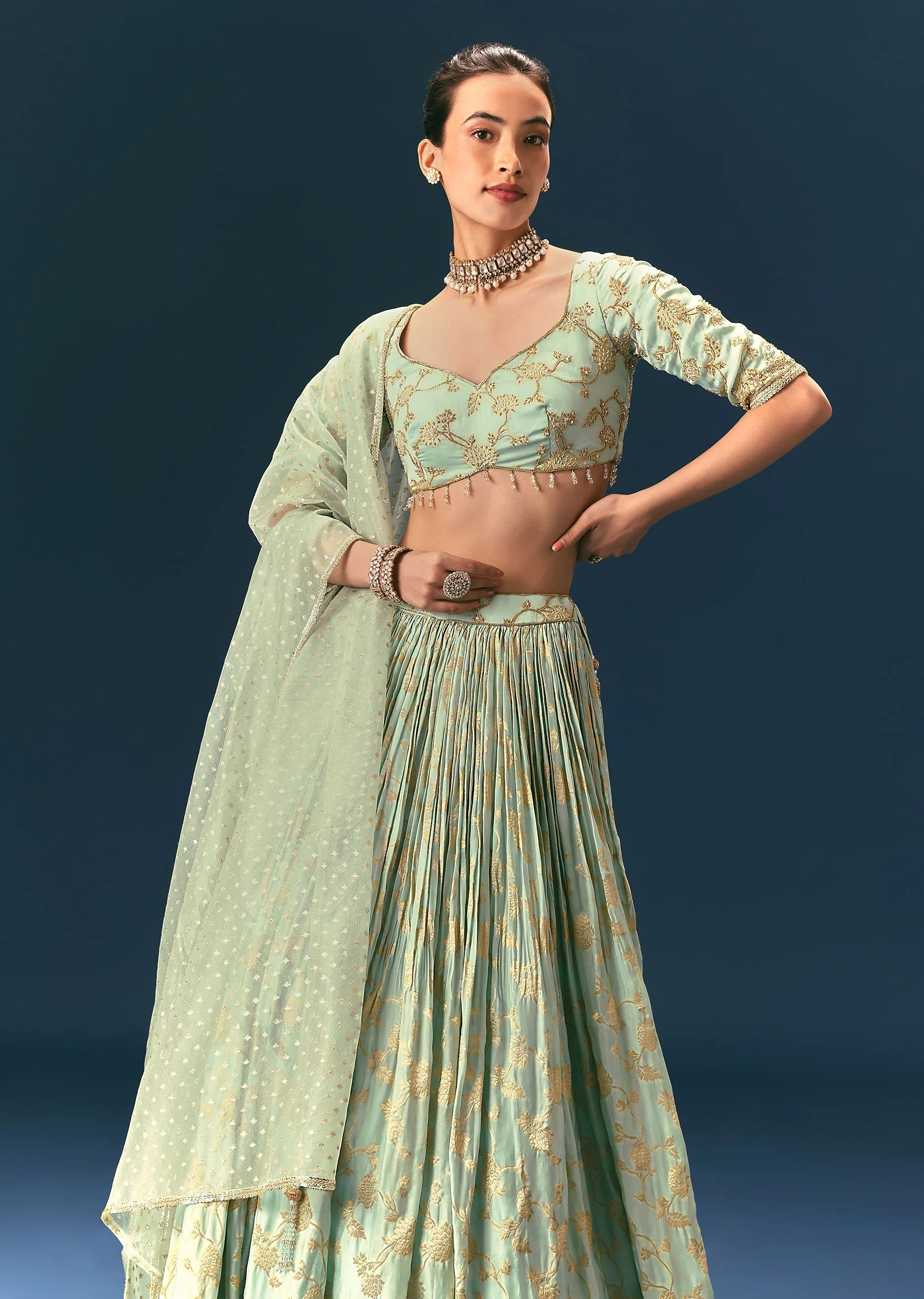 Coral Green Hand Embellished Lehenga Set In Organza Satin - Image 2