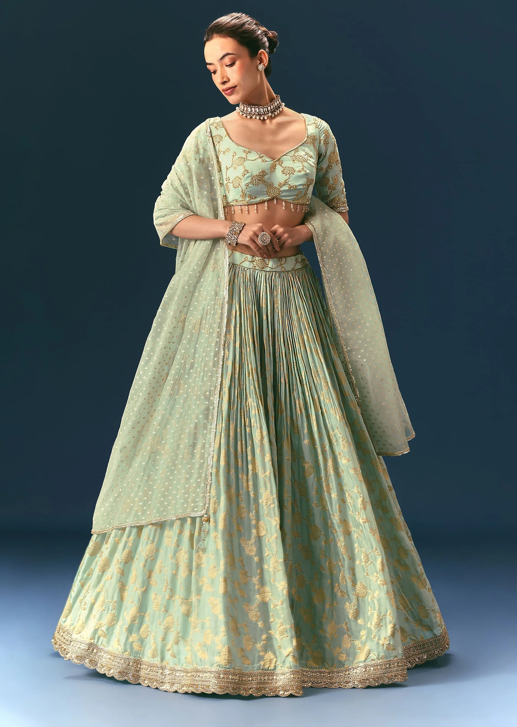 Coral Green Hand Embellished Lehenga Set In Organza Satin - Image 3