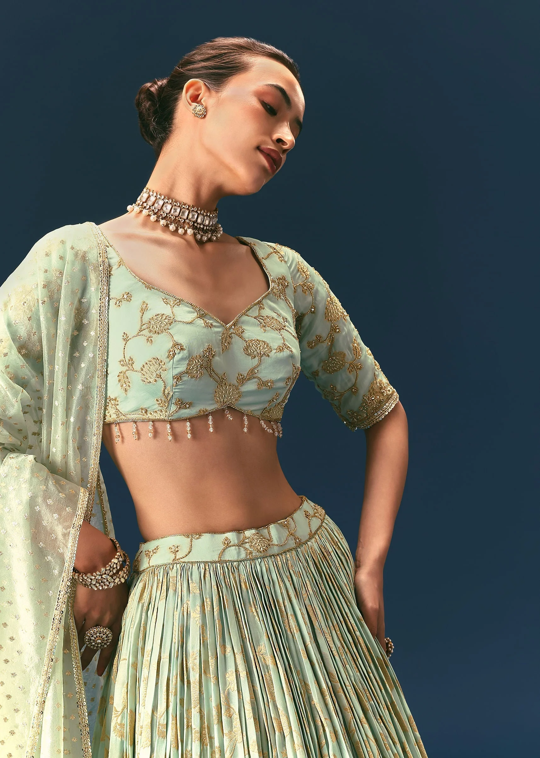 Coral Green Hand Embellished Lehenga Set In Organza Satin - Image 4