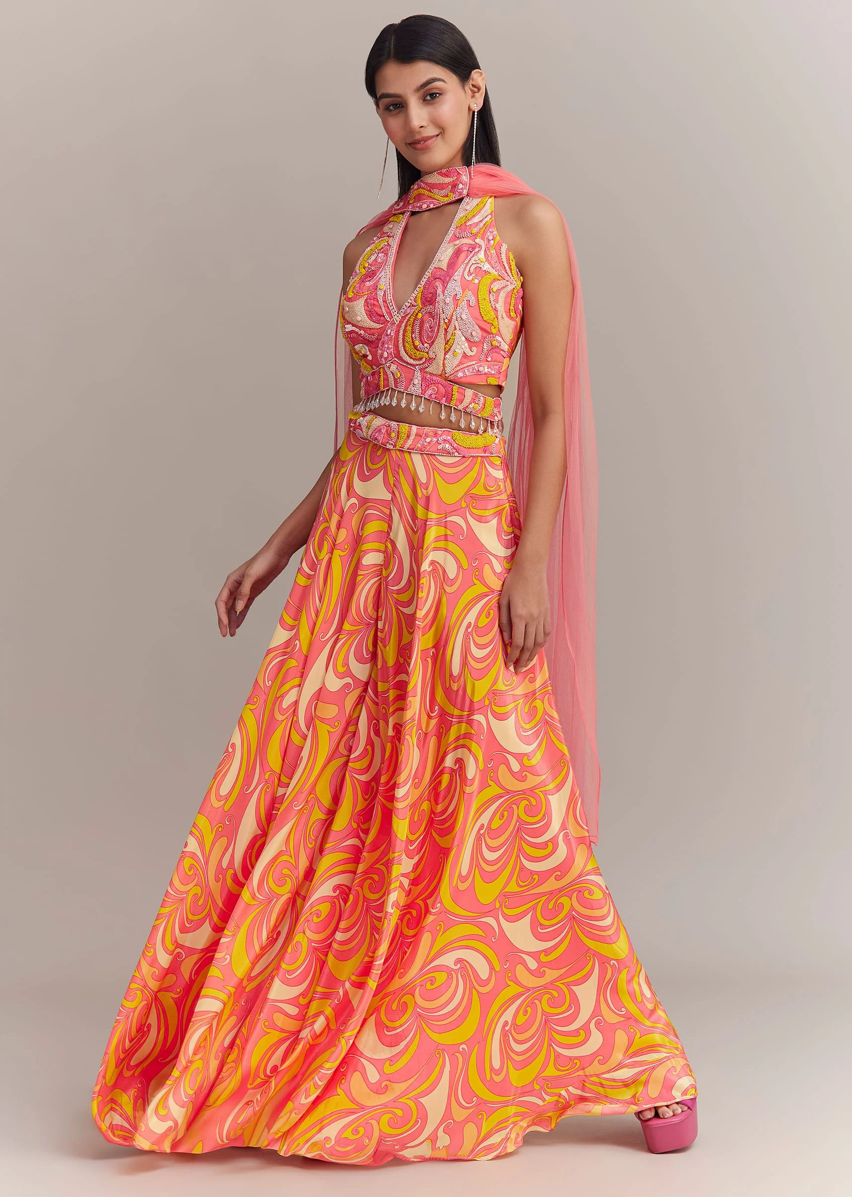 Coral Pink Crepe Abstract Printed Embroidered Lehenga Set