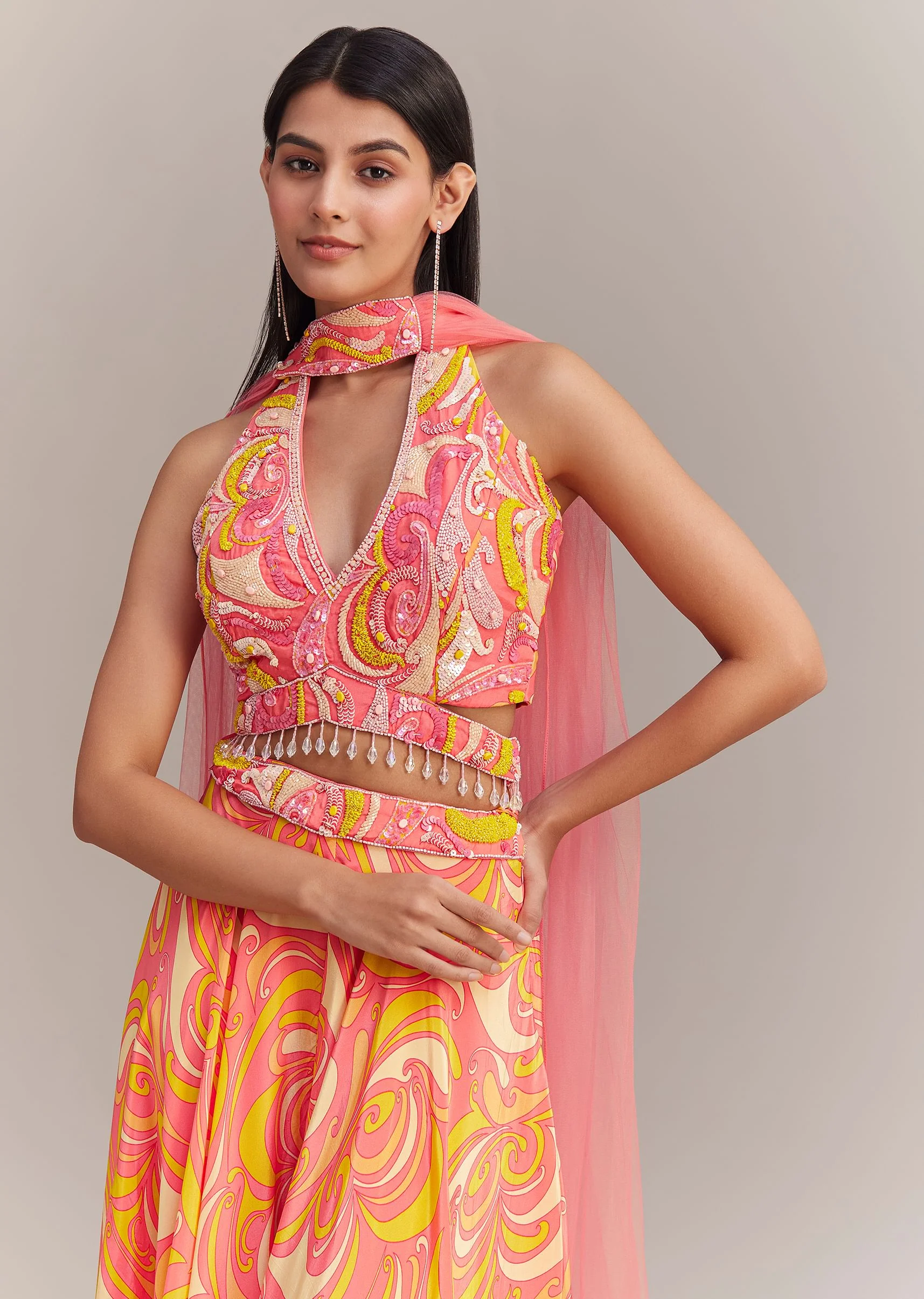 Coral Pink Crepe Abstract Printed Embroidered Lehenga Set - Image 4