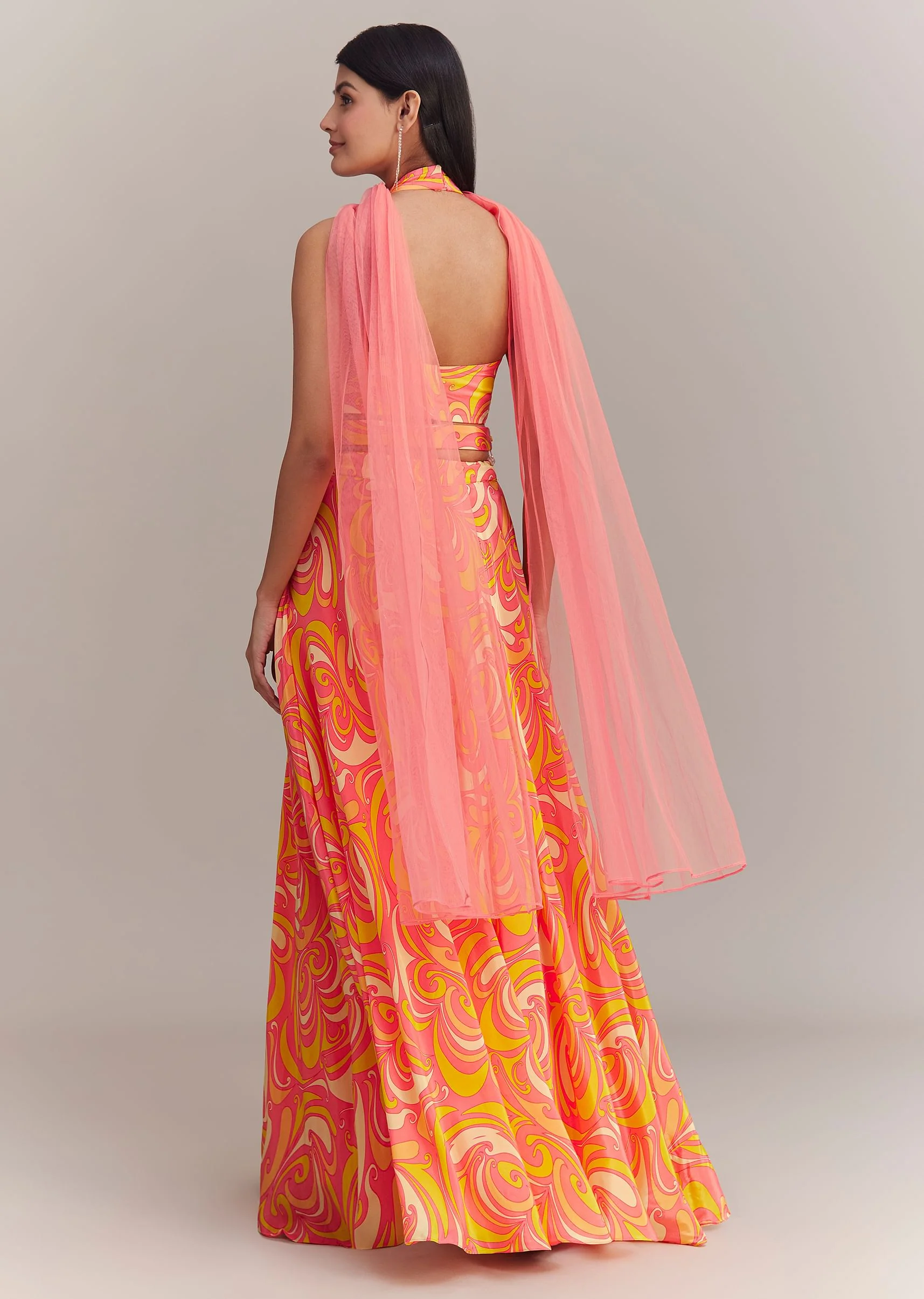 Coral Pink Crepe Abstract Printed Embroidered Lehenga Set - Image 5