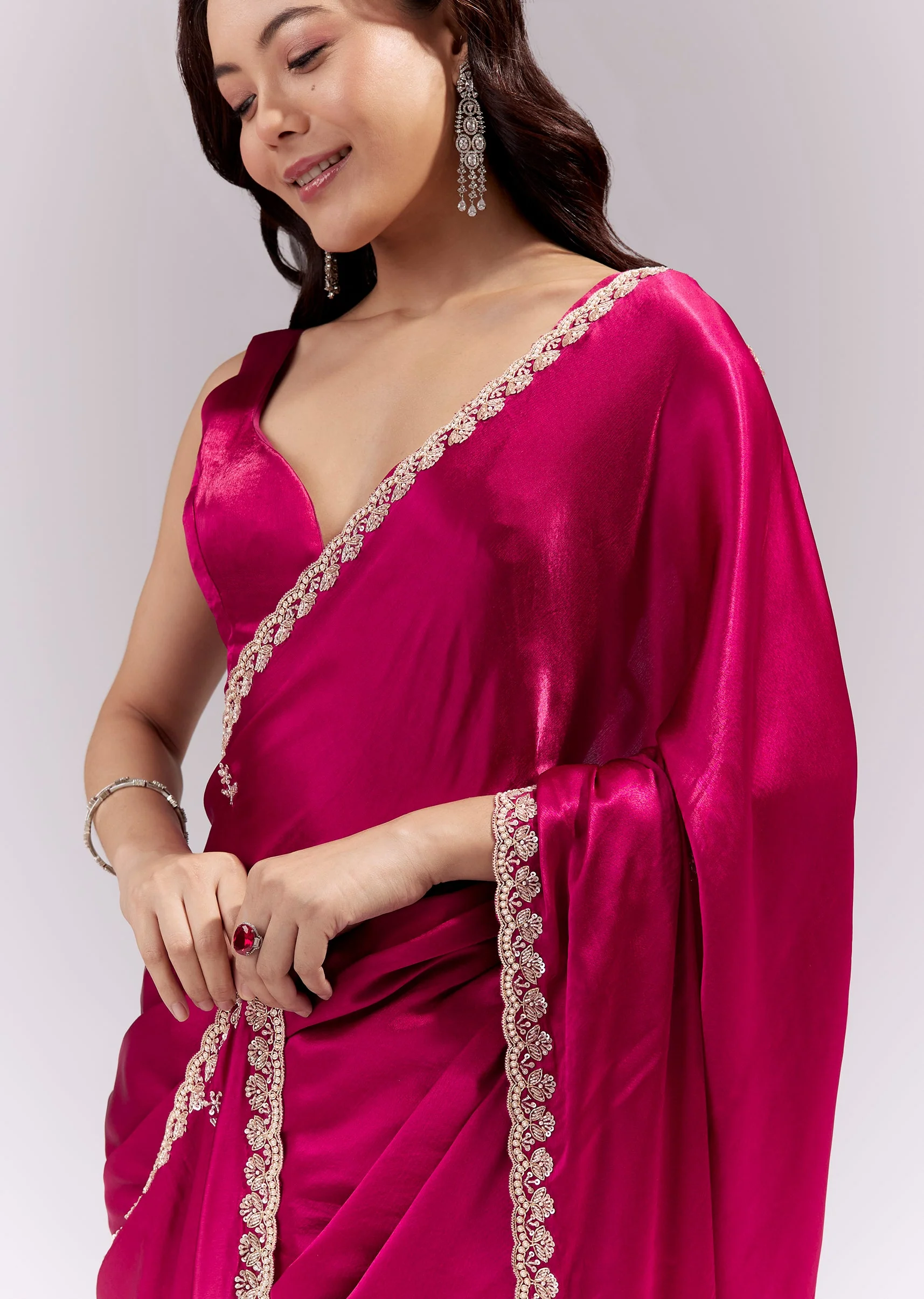 Coral Red Satin Chinon Saree With Scalloped Moti Embroidered Border And Buttis - Image 2