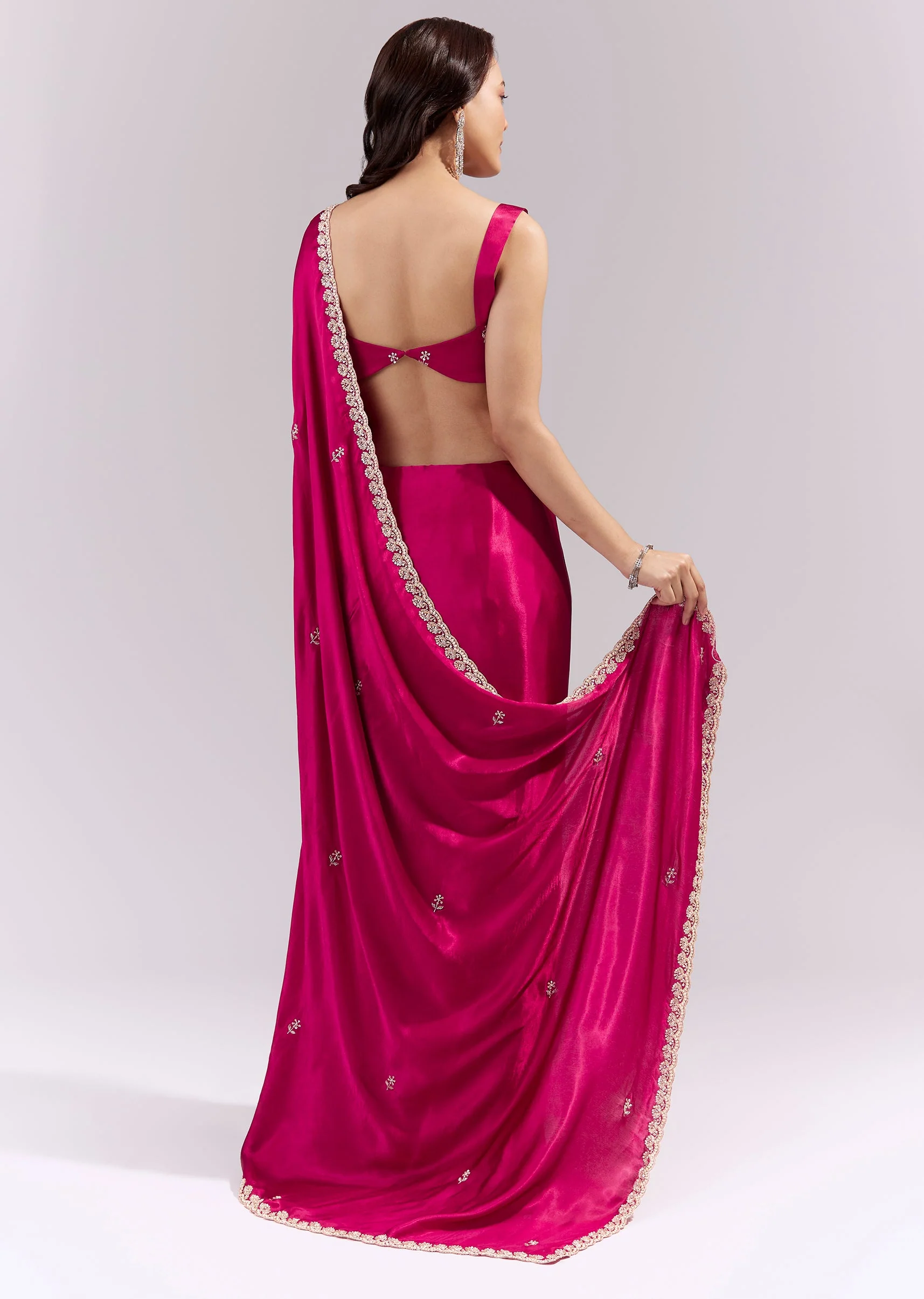 Coral Red Satin Chinon Saree With Scalloped Moti Embroidered Border And Buttis - Image 4
