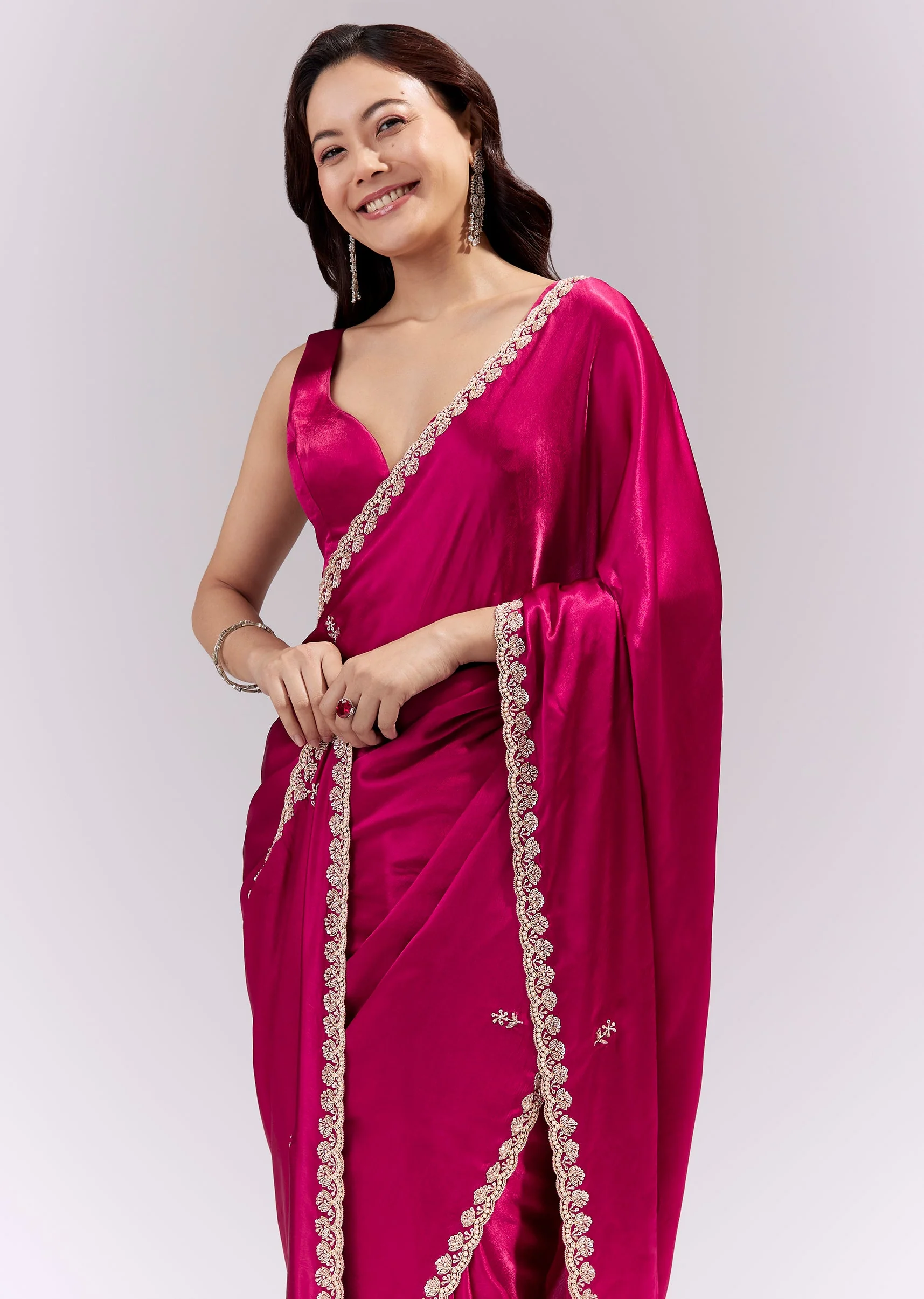 Coral Red Satin Chinon Saree With Scalloped Moti Embroidered Border And Buttis - Image 5