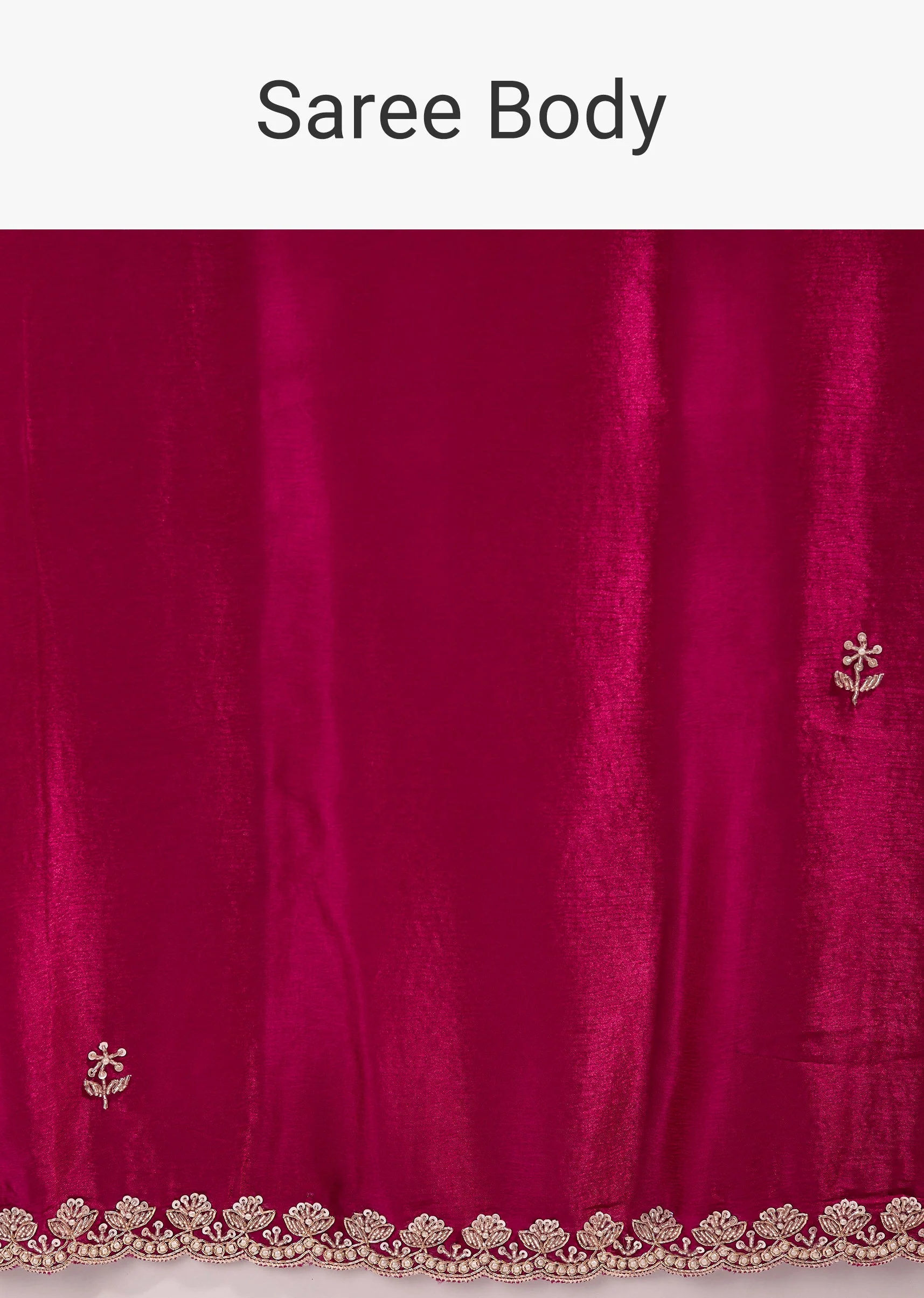 Coral Red Satin Chinon Saree With Scalloped Moti Embroidered Border And Buttis - Image 9