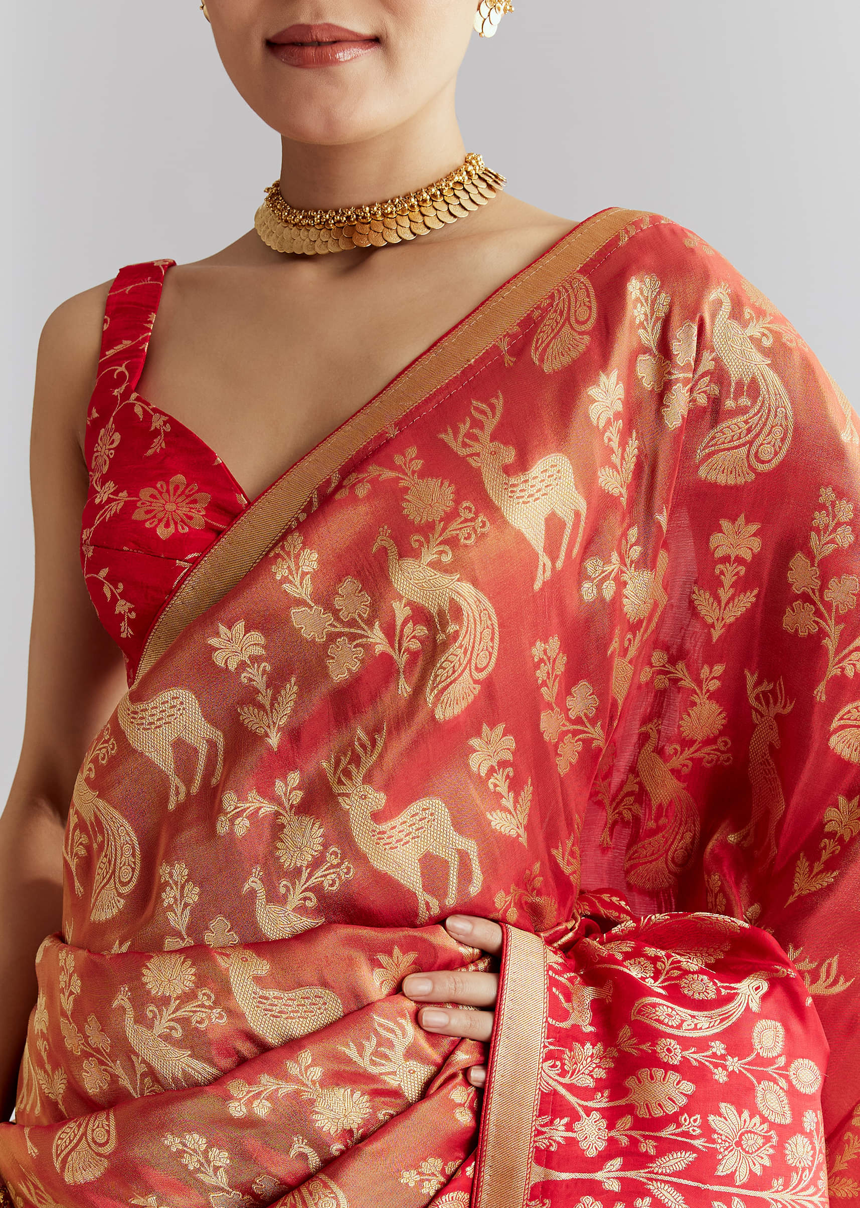Coral Red Silk Woven Saree With Zari Work - Image 2