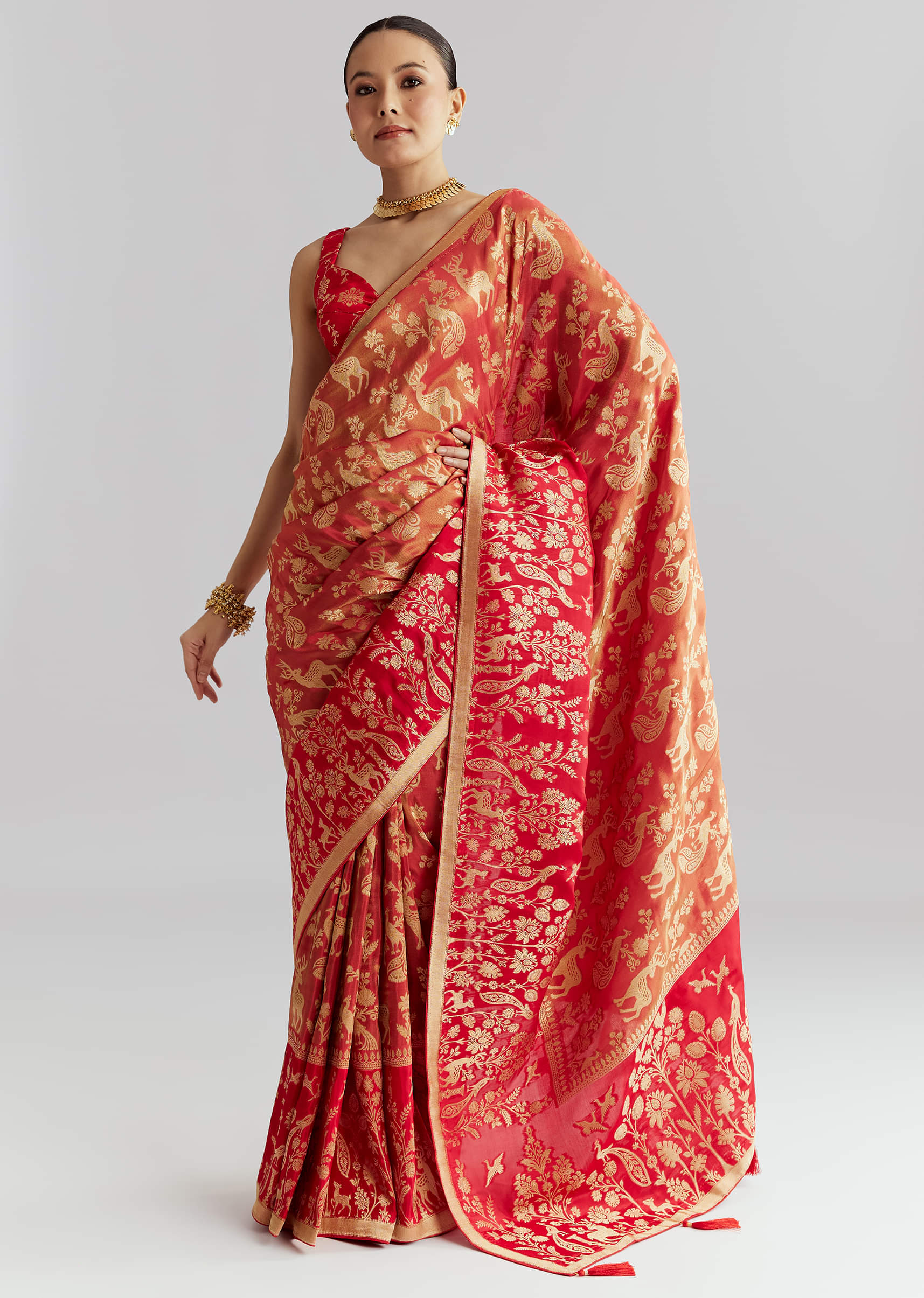 Coral Red Silk Woven Saree With Zari Work - Image 3