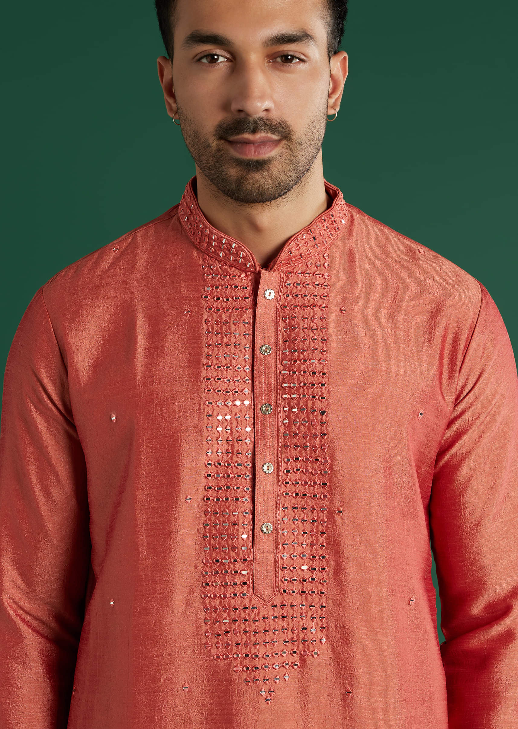 Coral Silk Kurta Set For Men With Mirror Work - Image 2
