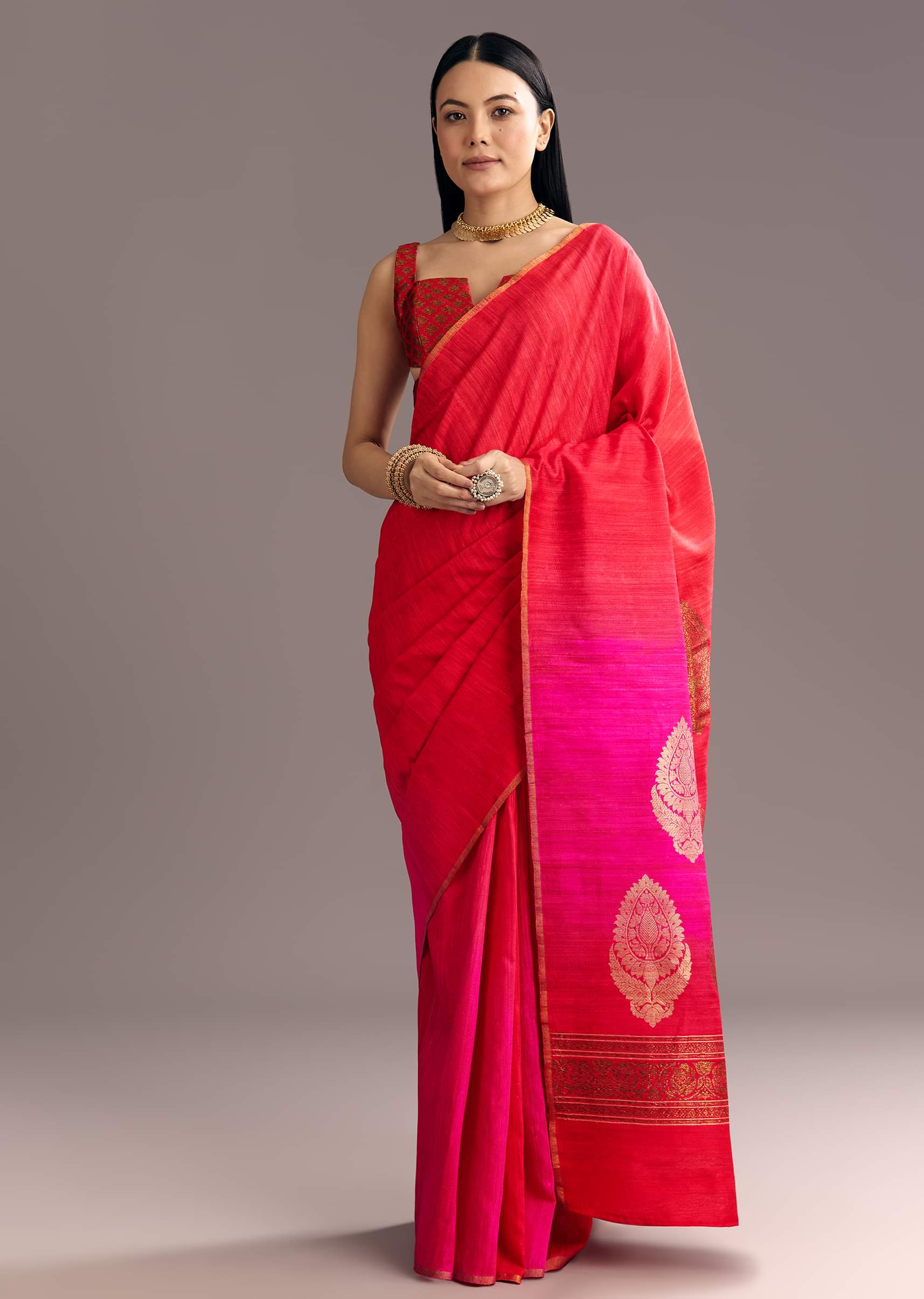 Corel Red Kora Silk Handloom Saree With Woven Traditional Motif - Image 2