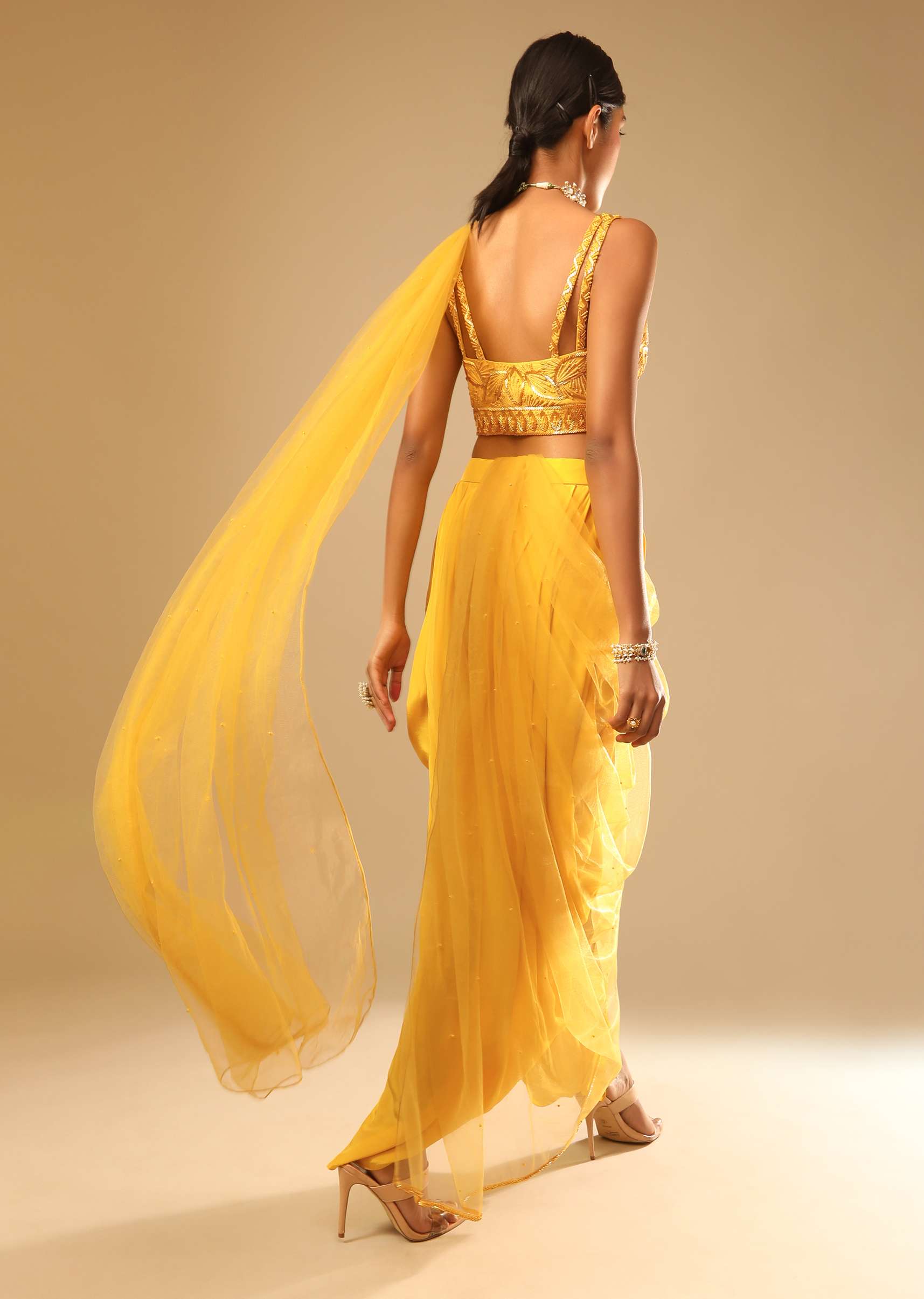 Corn Yellow Dhoti And Crop Top Suit With Hand Embroidered Leaf Motifs And A Matching Dupatta - Image 5