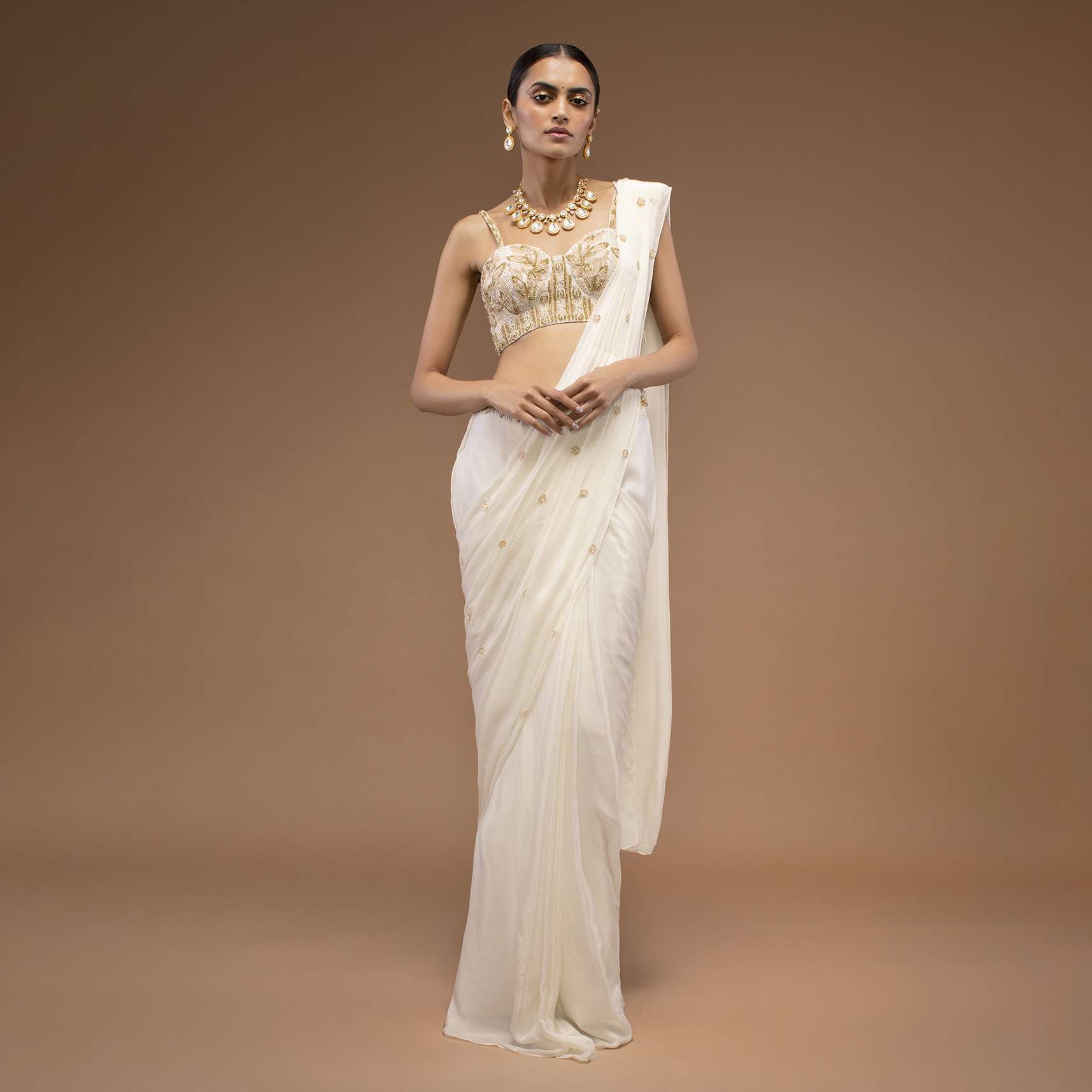 Cotton White Ready Pleated Saree With A Crop Top Set In Cut Dana Embroidery, Paired With The Spaghetti Straps With A Corset Neckline - Image 2