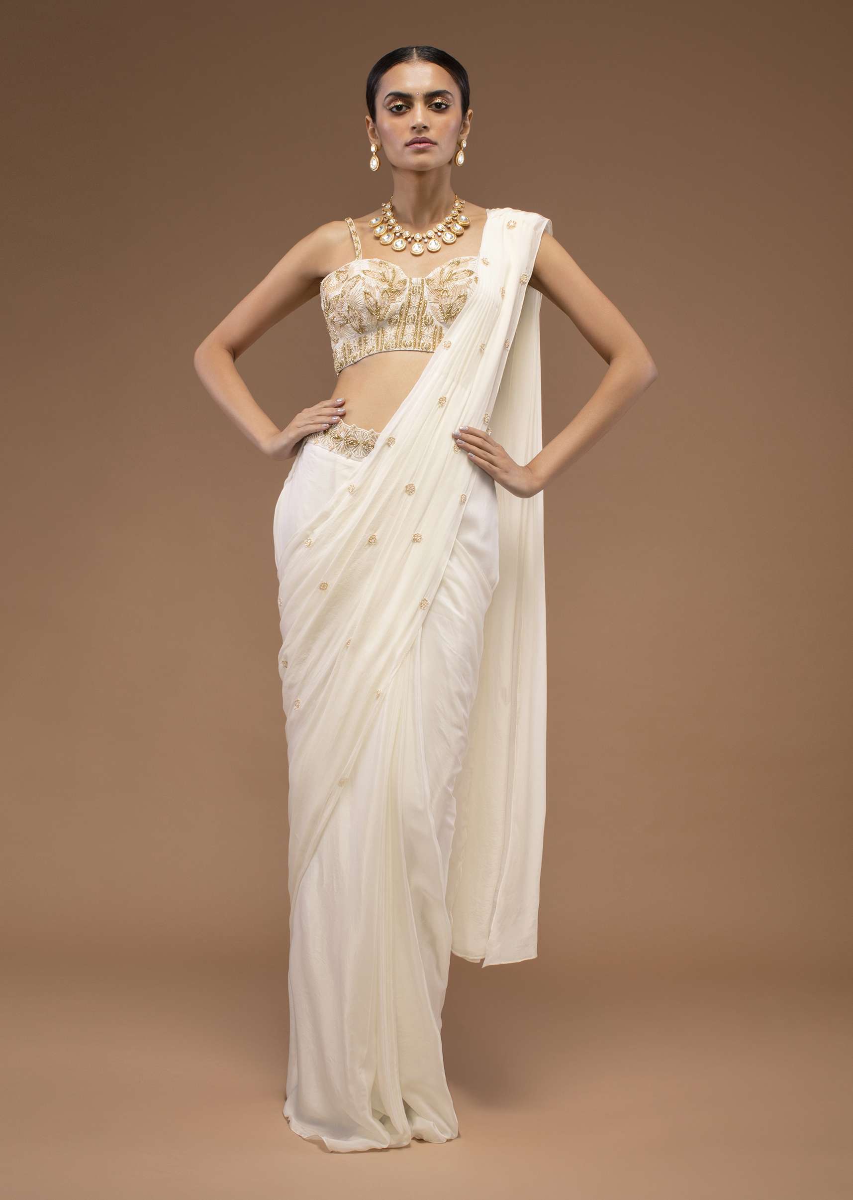 Cotton White Ready Pleated Saree With A Crop Top Set In Cut Dana Embroidery, Paired With The Spaghetti Straps With A Corset Neckline - Image 4