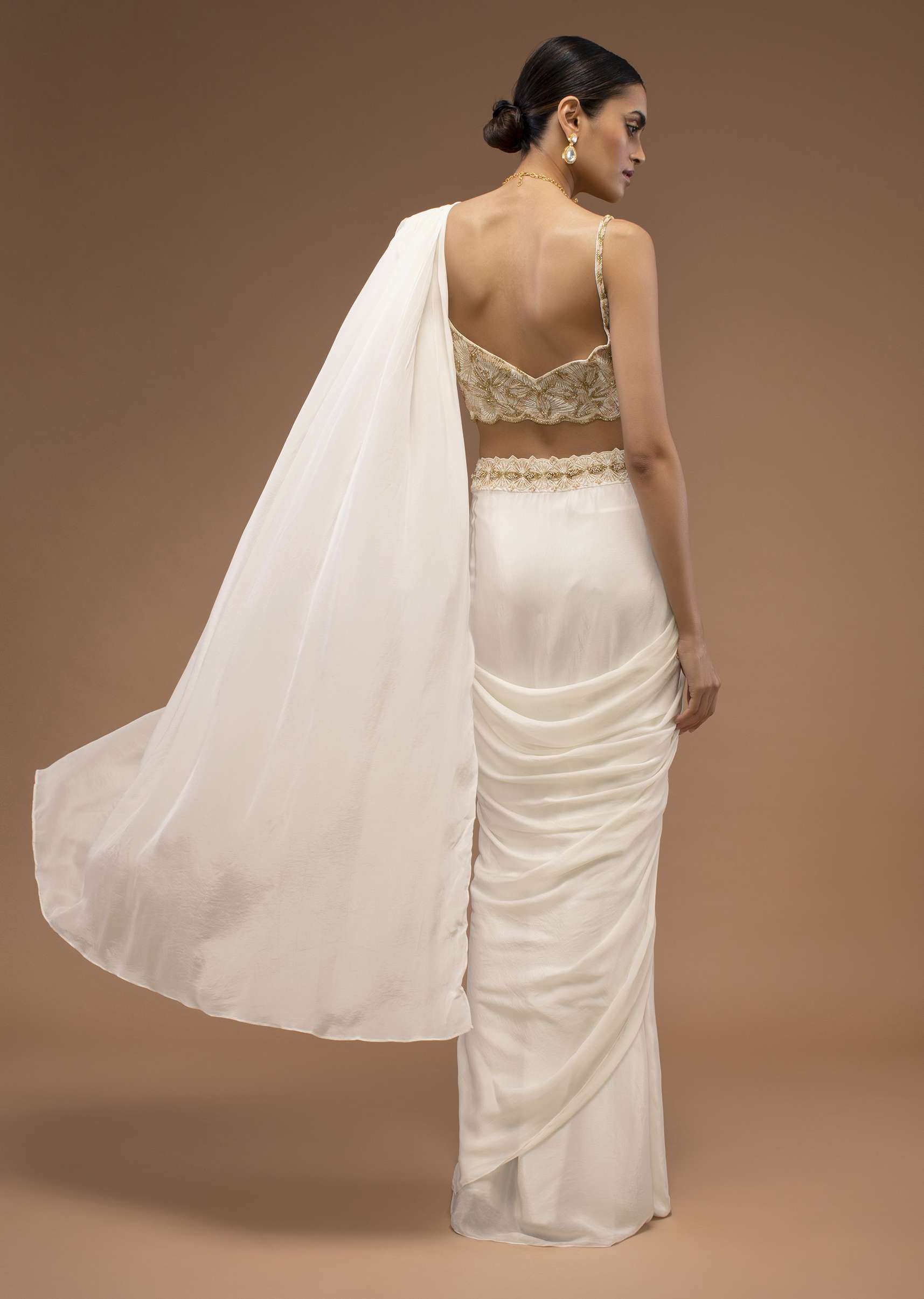 Cotton White Ready Pleated Saree With A Crop Top Set In Cut Dana Embroidery, Paired With The Spaghetti Straps With A Corset Neckline - Image 5