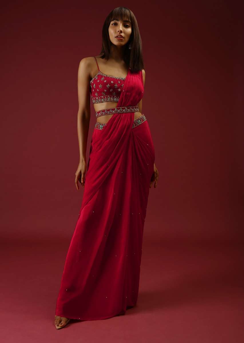 Cranberry Red Ready Pleated Saree With A Multicolored Hand Embroidered Blouse And Belt - Image 3