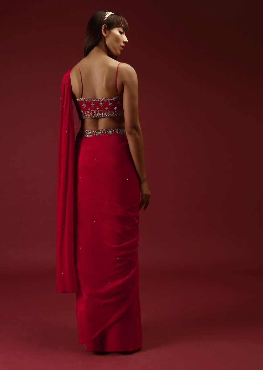 Cranberry Red Ready Pleated Saree With A Multicolored Hand Embroidered Blouse And Belt - Image 4