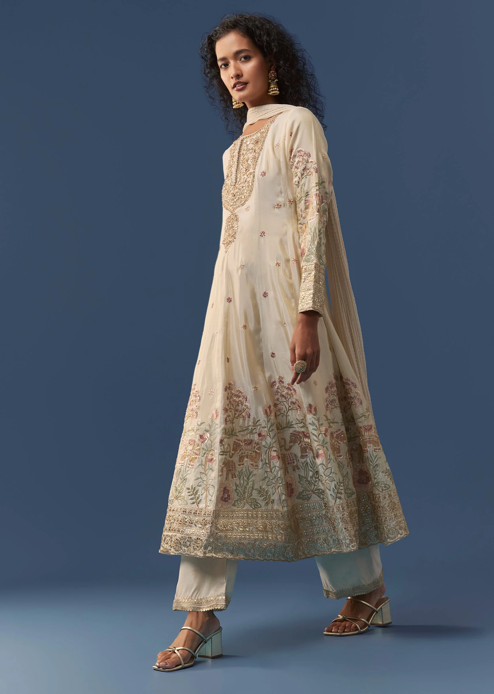 Cream A-Line Resham Embroidered Anarkali Set - Image 3