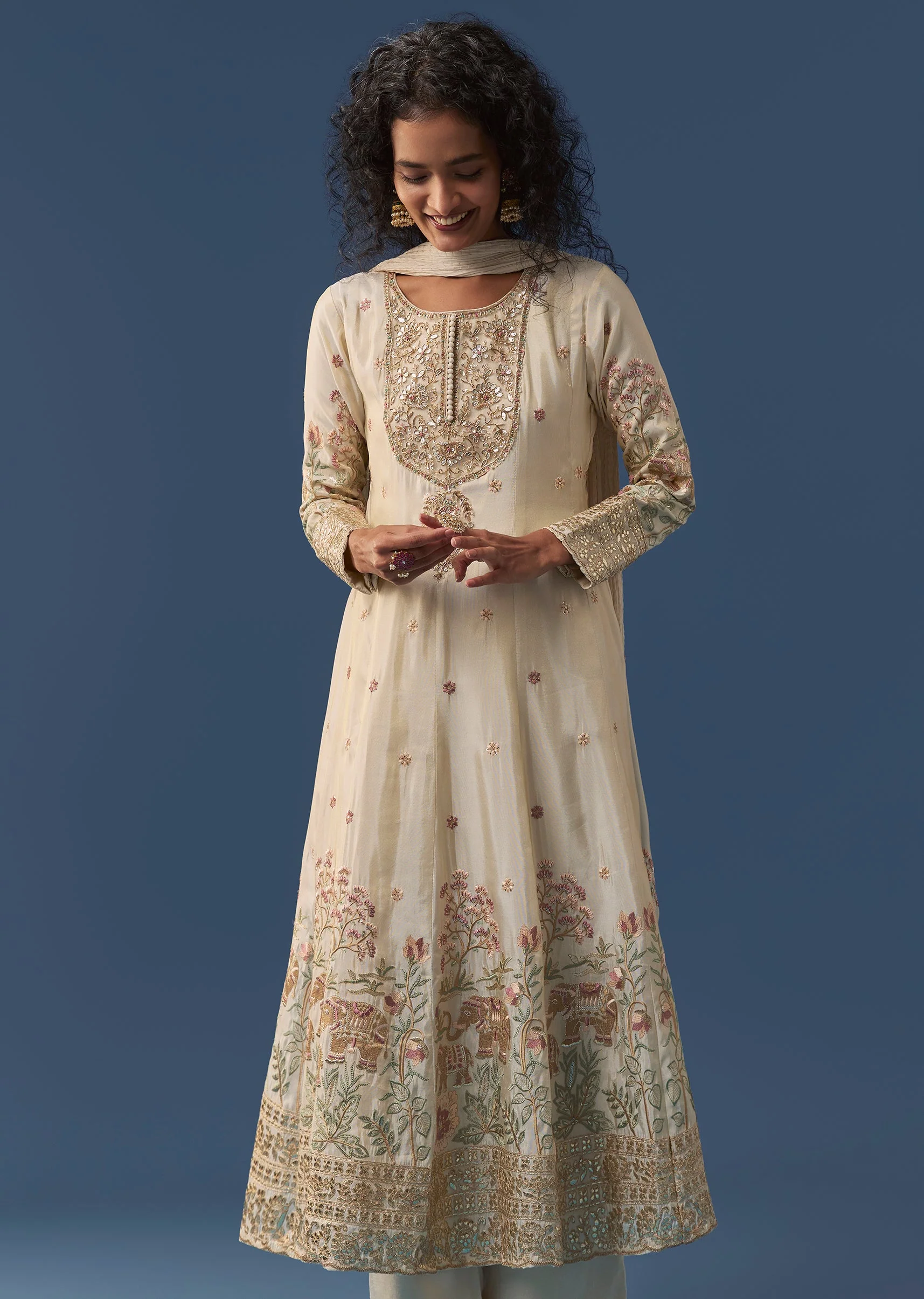 Cream A-Line Resham Embroidered Anarkali Set - Image 4