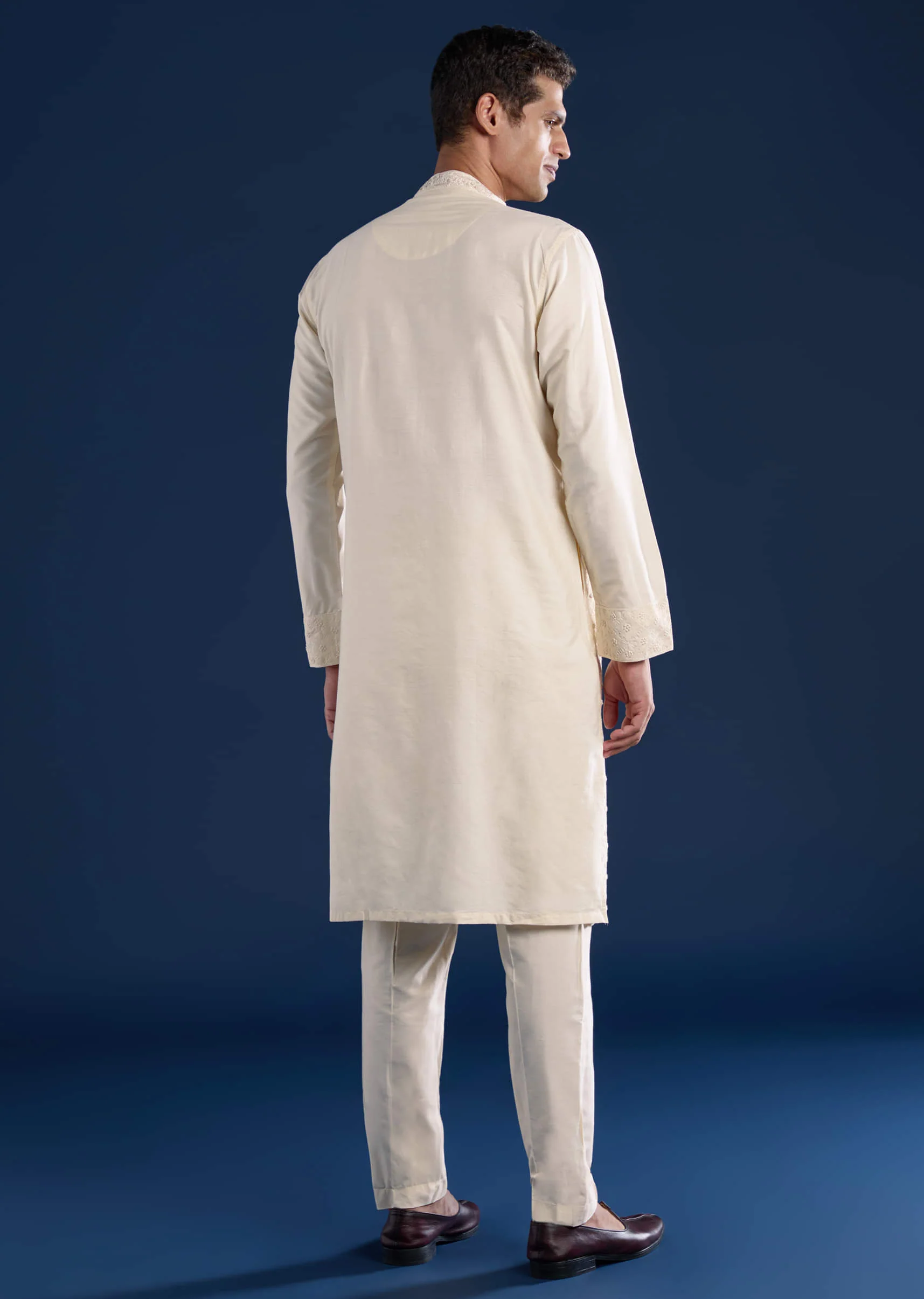 Cream Banarsi Silk Mens Kurta and Pant Set - Image 5