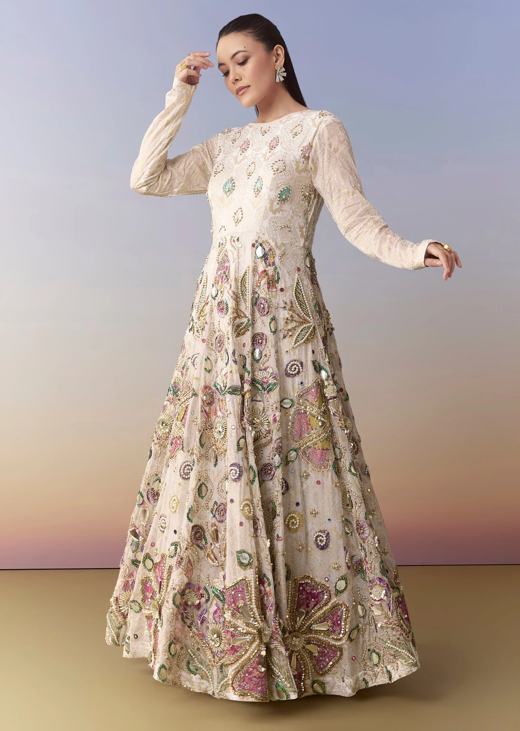 Cream Bead Embellished Gown with Jacket